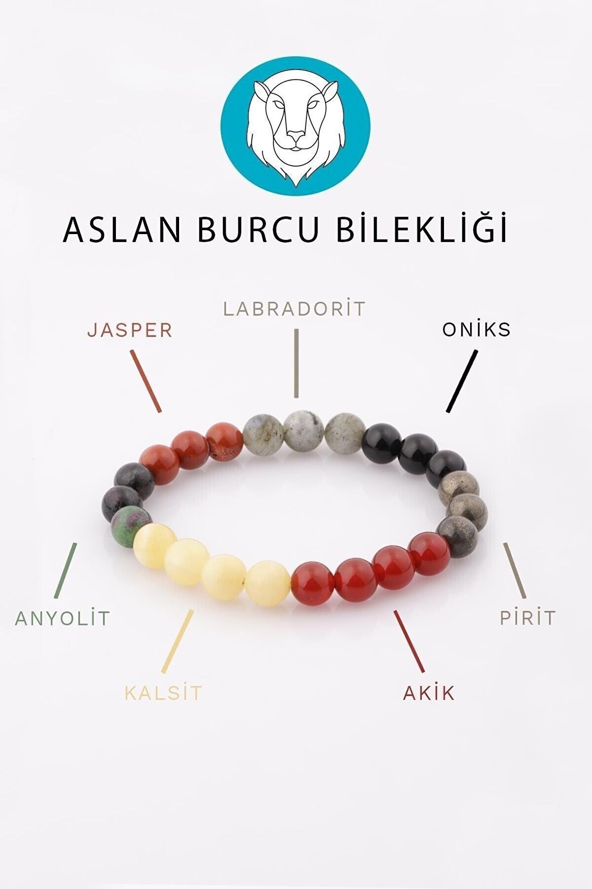 Aslan Burcu Taşlarından Oluşan Doğal Taş Bileklik 8 mm Küre Kesim - Burç Bilekliği