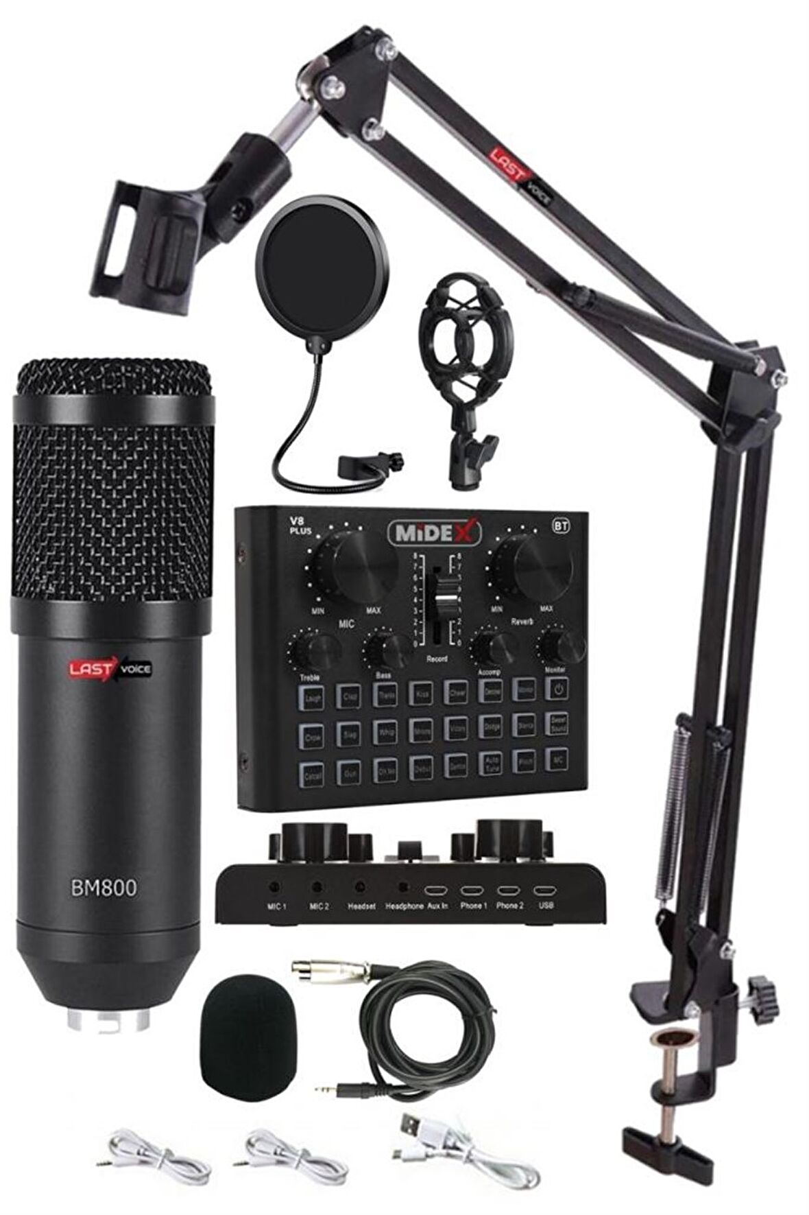 Lastvoice BM800 Live Head Set Efektli Ses Kartı Mikrofon Kulaklık Stand Kayıt Canlı Yayın Seti (PC ve Telefon)