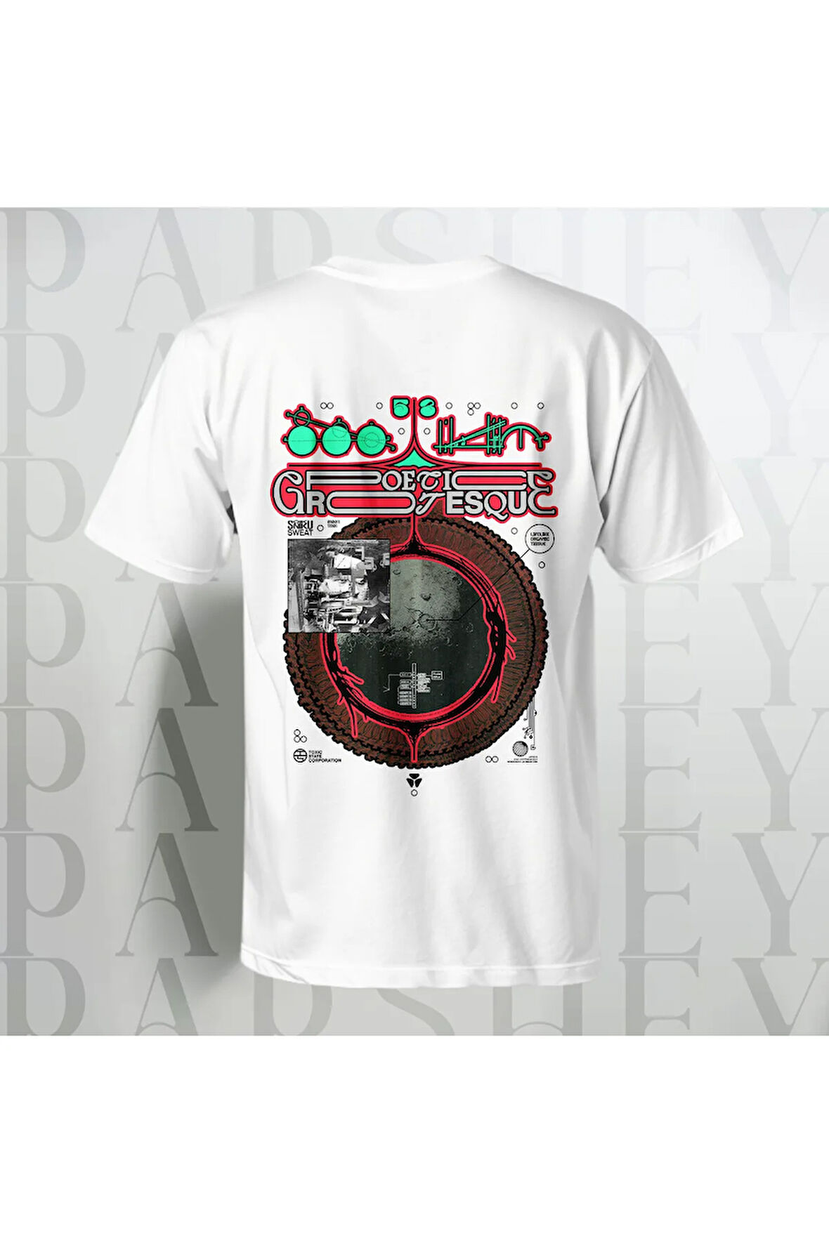 Unisex Beyaz Yarım Kollu Bisiklet Yaka %100 Pamuk Poetica Grotesque Arka Desenli Oversize T-shirt