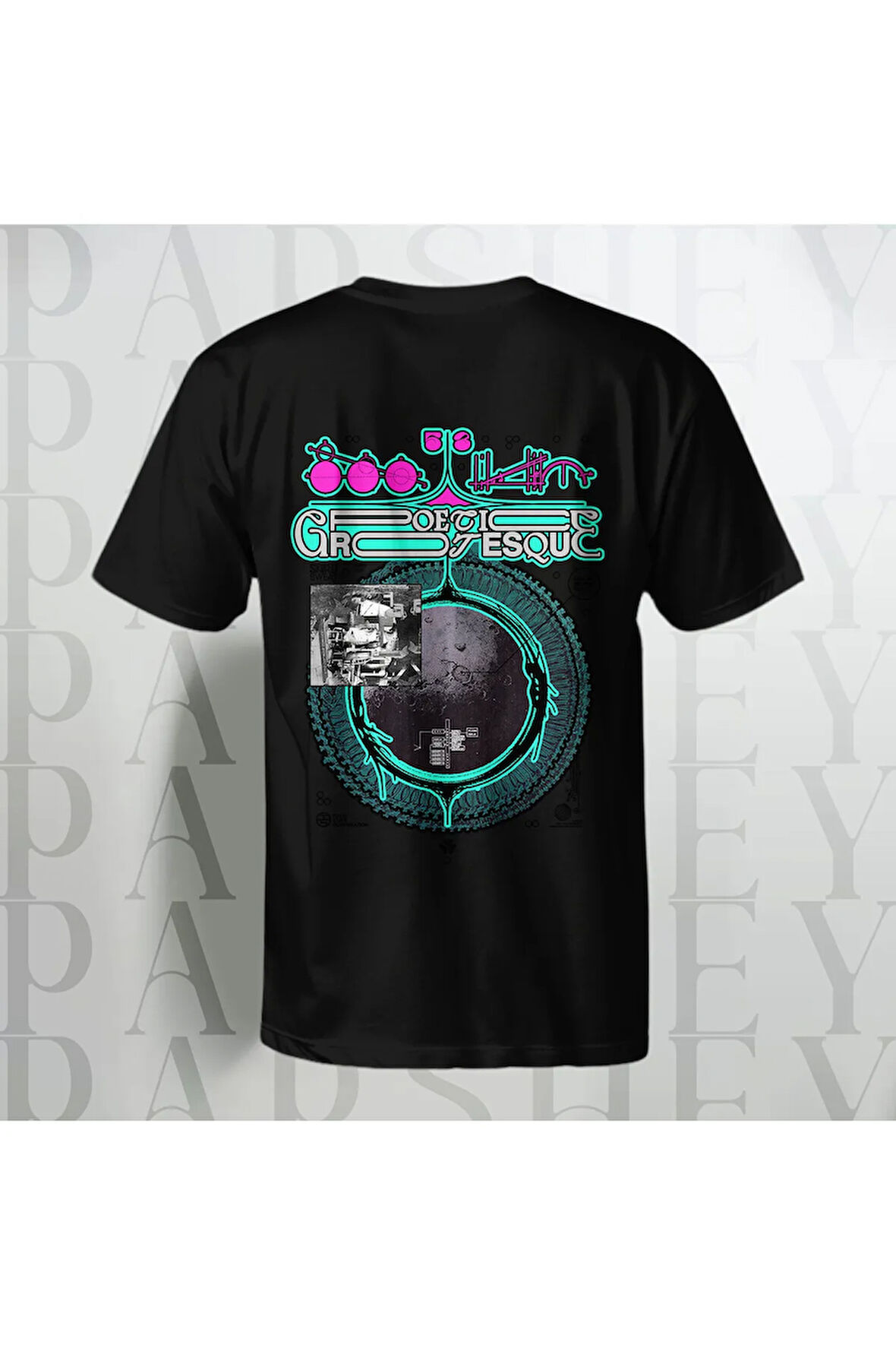 Poetica Grotesque Renkli Arka Desenli Yarım Kollu Bisiklet Yaka Unisex Siyah Oversize T-shirt