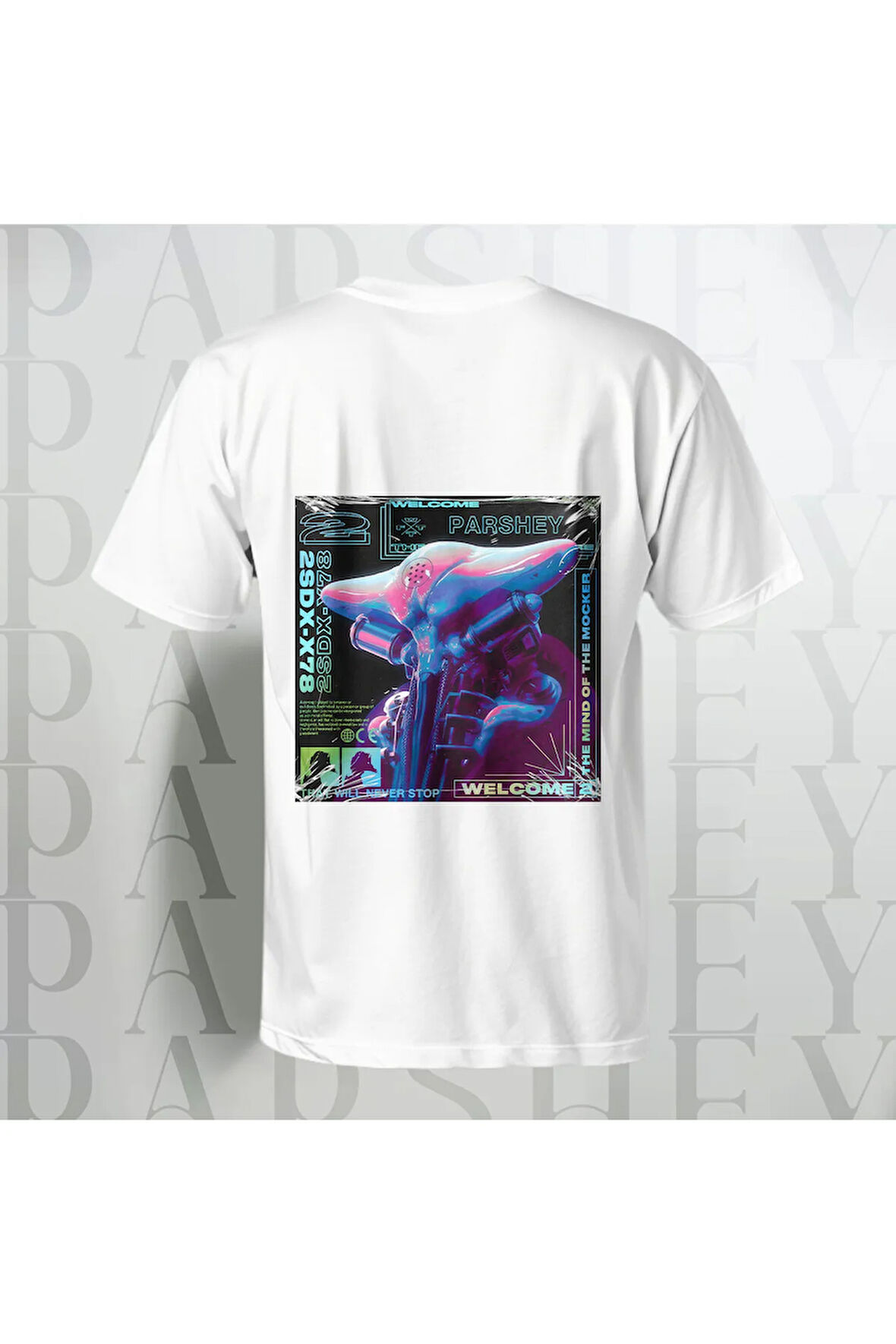 Robot Arka Desenli Bisiklet Yaka Yarım Kollu Beyaz Unisex Oversize T-shirt
