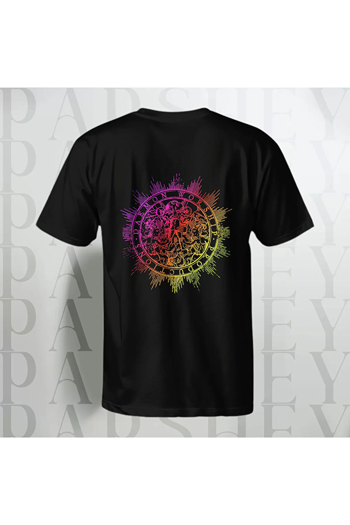 Unisex Yarım Kollu Bisiklet Yaka %100 Pamuk Rainbow Desenli Siyah Oversize T-shirt