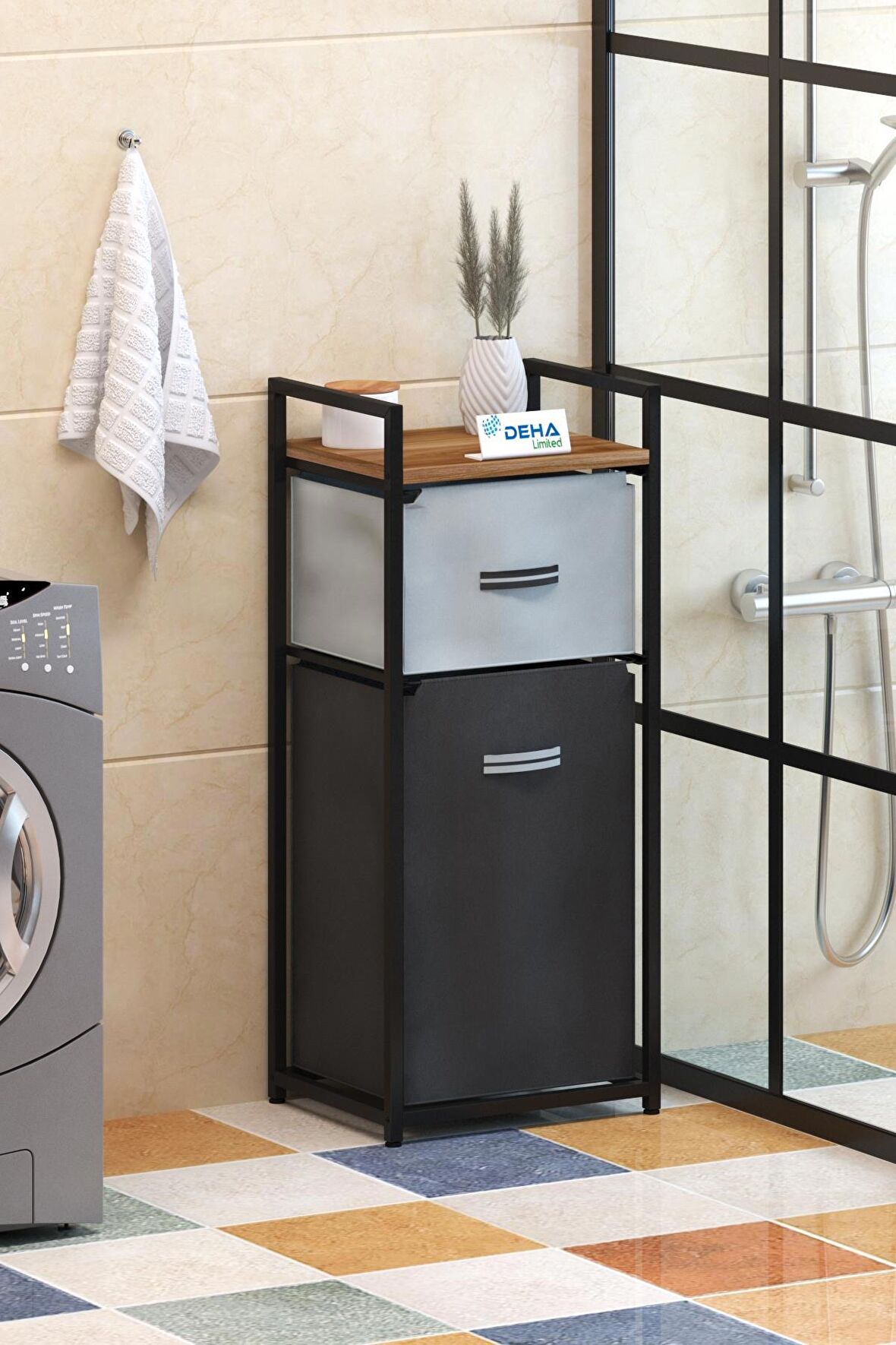 DH11 Raflı Çamaşır Sepeti Banyo Dolabı Kirli Sepetli Banyo Düzenleyici Çamaşırlık