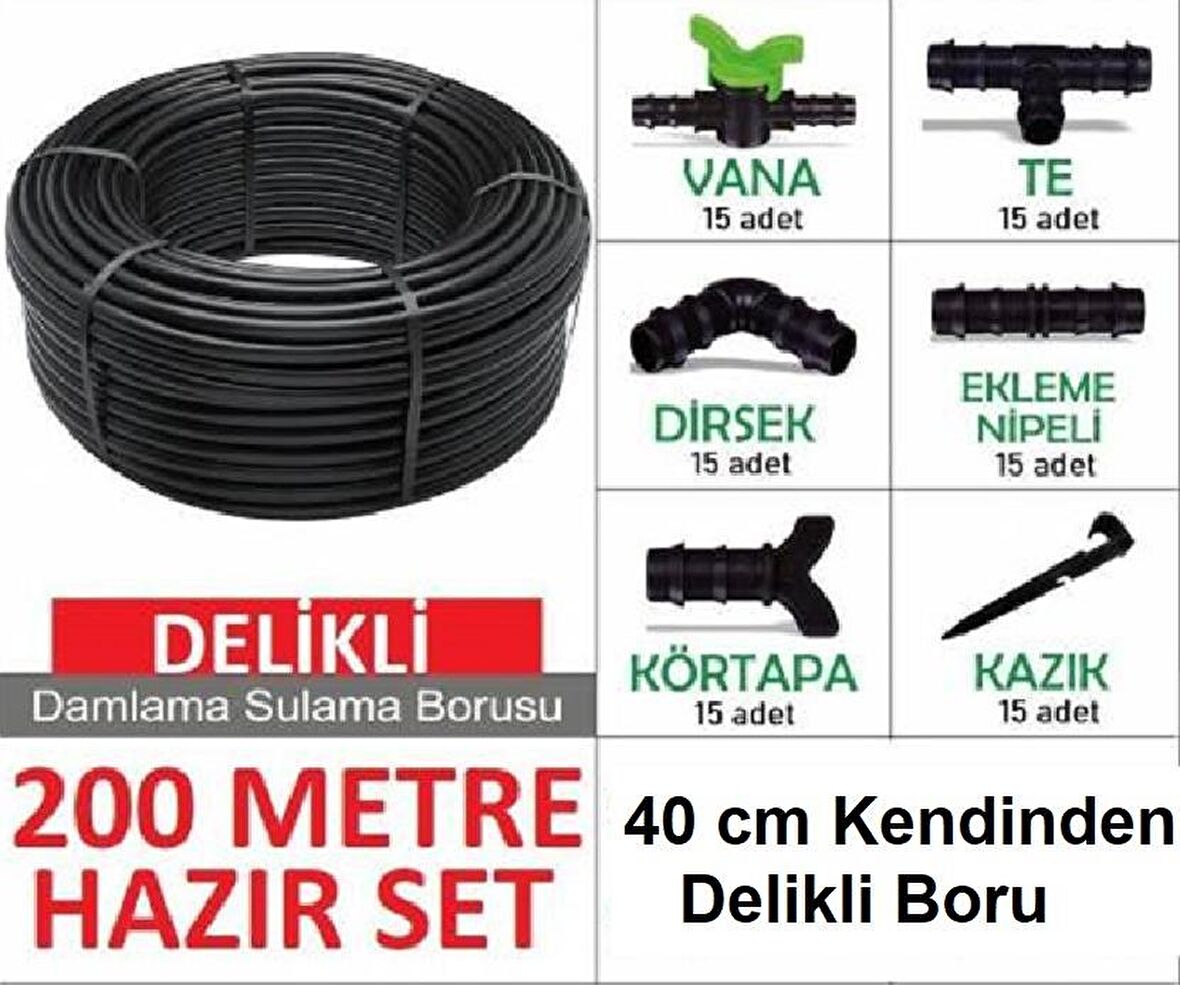 Bahçe Damla Sulama Seti 40 cm Delikli Boru 200 mt