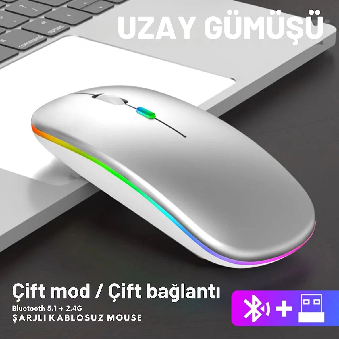 Shopy Tech Çift Mod Kablosuz Mouse Bluetooth 5.2 + 2.4G Şarjlı Sessiz Tıklama RGB Işıklı (500 mAh)GÜMÜŞ