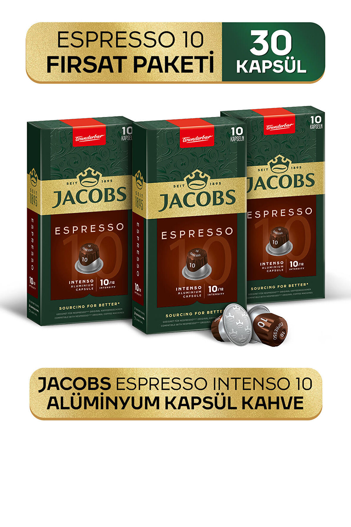 Jacobs Espresso 10 Intenso Nespresso Uyumlu Alüminyum Kapsül Kahve 10 Adet X 3 Paket