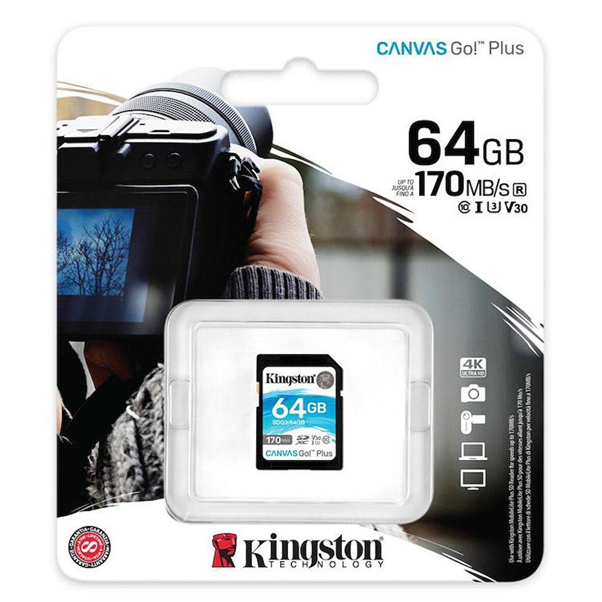 SDG3/64GB Kingston 64GB SD Class 3 UHS-I 170MB/s 70MB/s Canvas Go Hafıza Kartı
