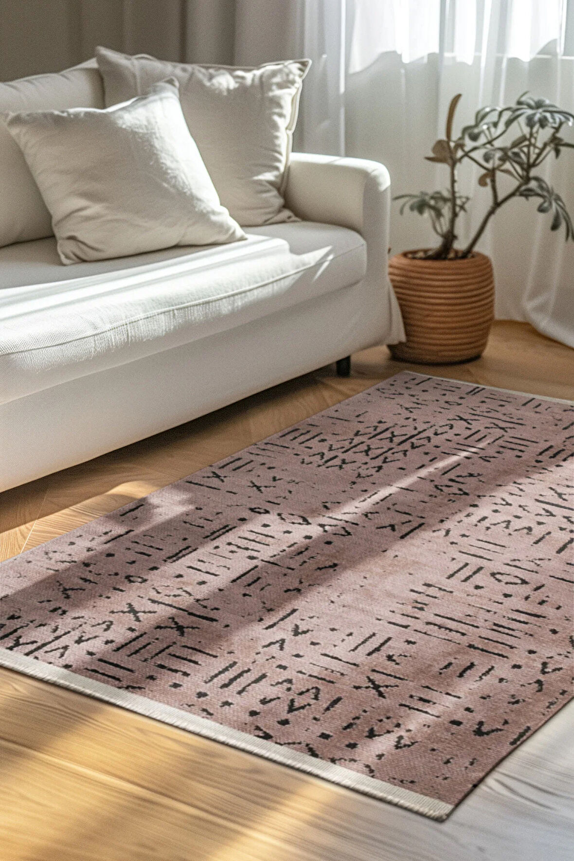 Venüs Kaymaz Tabanlı Bej (VİZON) Iskandinav Desenli Yumuşak Halı Pamuk Dokuma, Salon & Mutfak Kilim