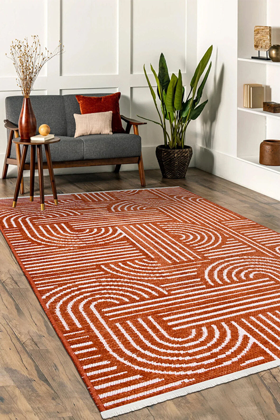 Revna Kiremit Turuncu Yıkanabilir Halı Kaydırmaz Tabanlı Pamuk Dokuma Salon Mutfak Koridor İçin