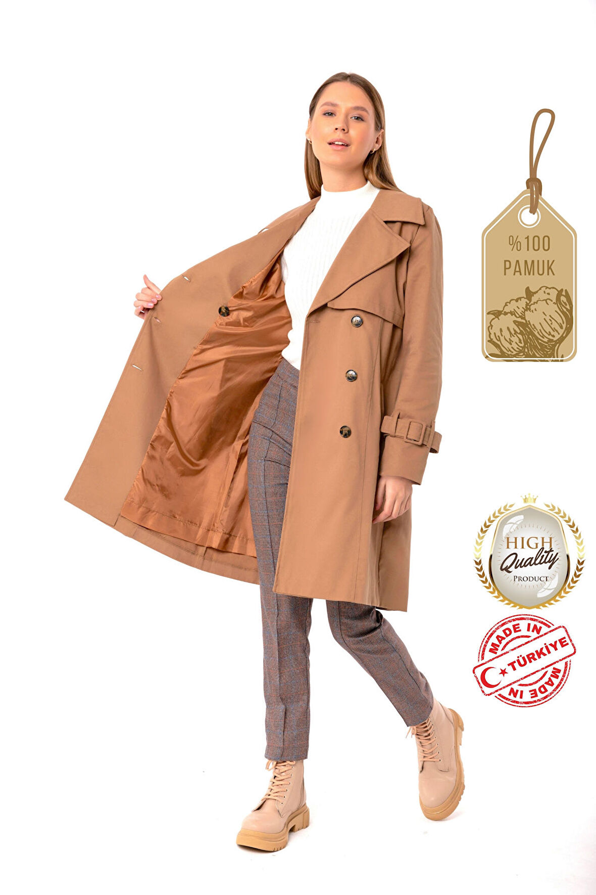 Pastelastore %100 Pamuk Gabardin Midi (95cm) Astarlı Kemerli Kadın Trençkot 1113