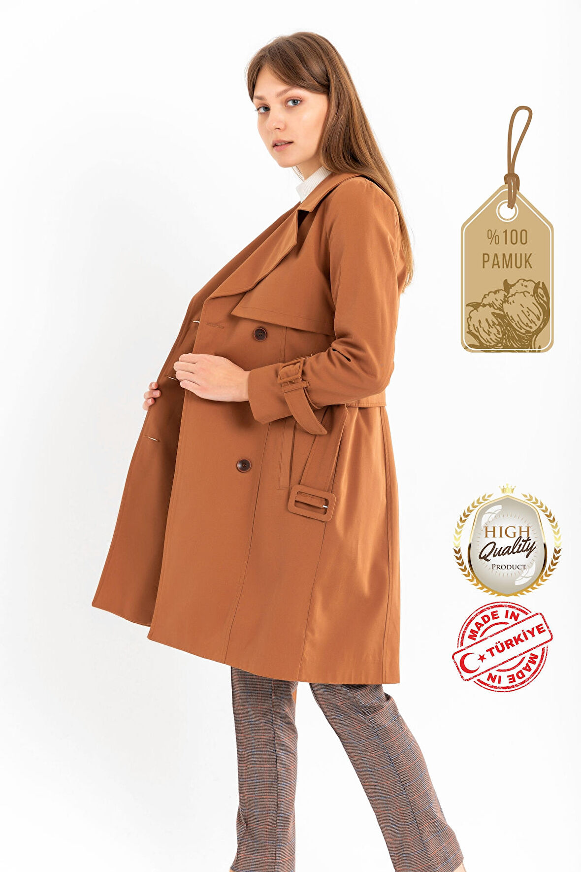 Pastelastore %100 Pamuk Gabardin Midi (95cm) Astarlı Kemerli Kadın Trençkot 1113