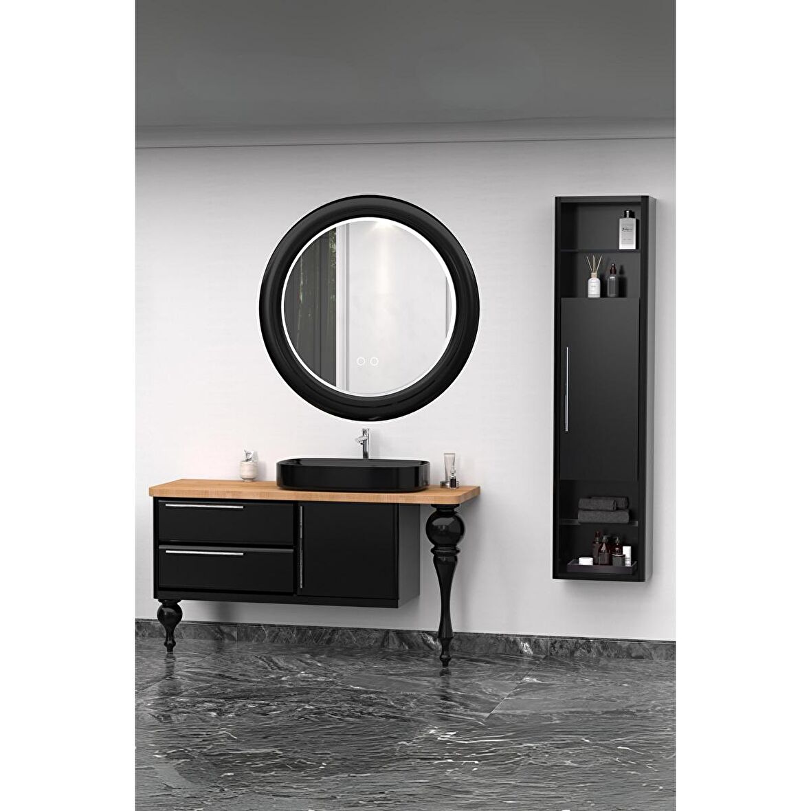 PRESTIGE 140 CM SİYAH LAVABOLU BANYO DOLABI  SİYAH - BOY DOLAP DAHİL