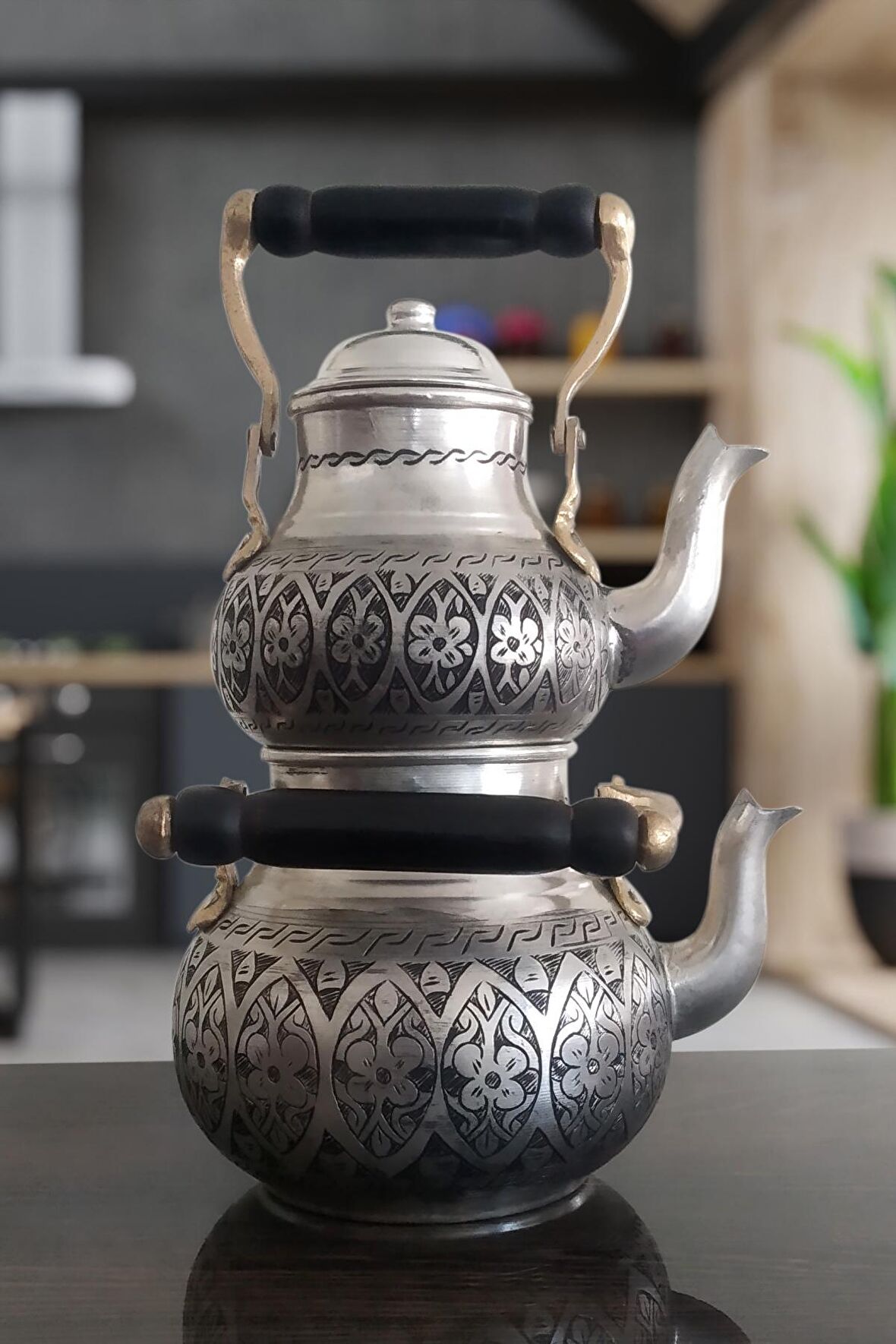 Binbir Trend Eskitme İşlemeli Bakır Çaydanlık Takımı 2,7 LT