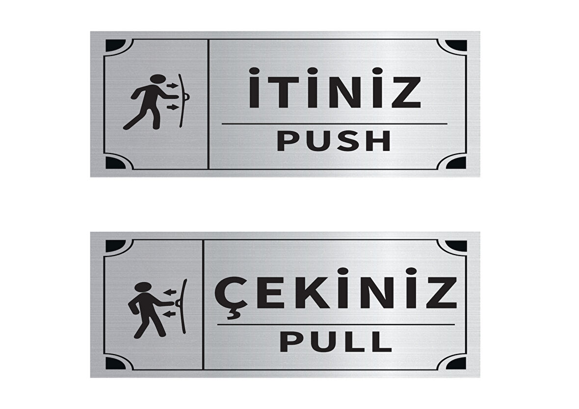 Mayeka İtiniz - Çekiniz Dikdörtgen İkili Levha Set Gümüş Metal Yönlendirme Tabelası Kişiye Özel