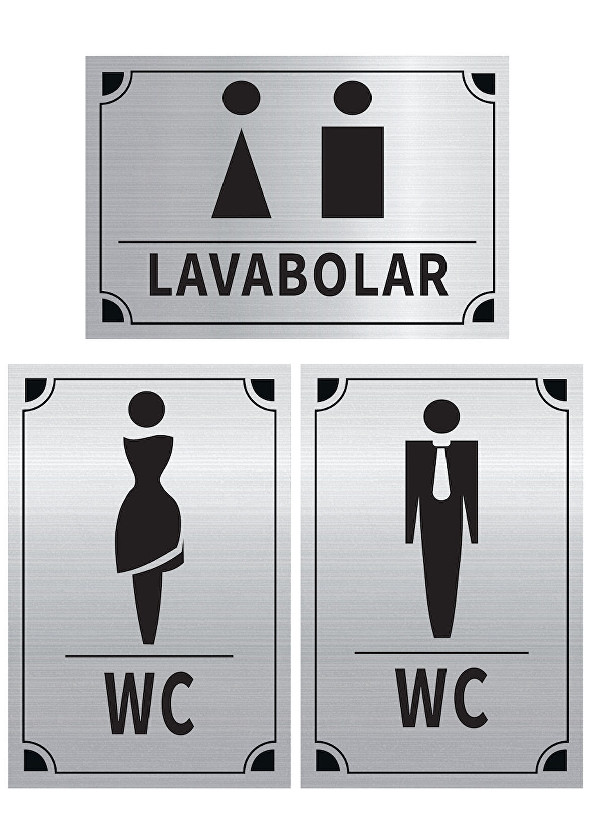 Mayeka Lavabolar - Kadın - Erkek Üçlü Levha Set Gümüş Metal Yönlendirme Tabelası Kişiye Özel