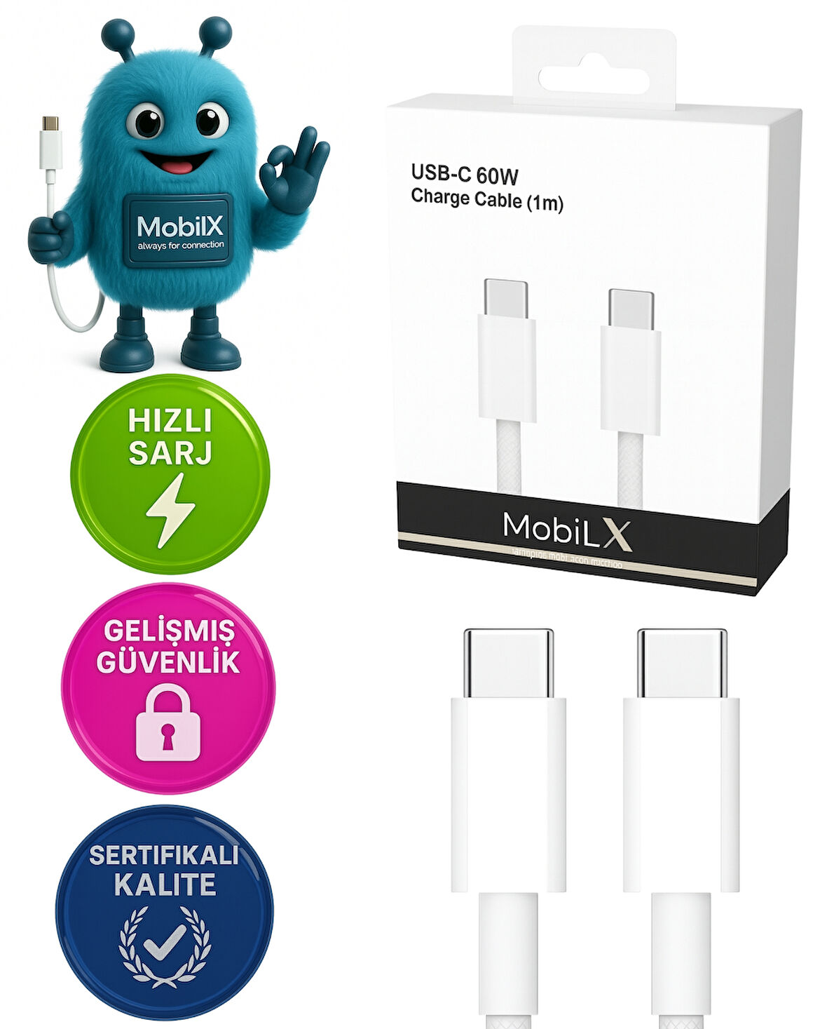 MobiLX Huawei Nova 11 Uyumlu 60W Type-C to Type-C Örgülü Şarj ve Data Kablosu (1m)