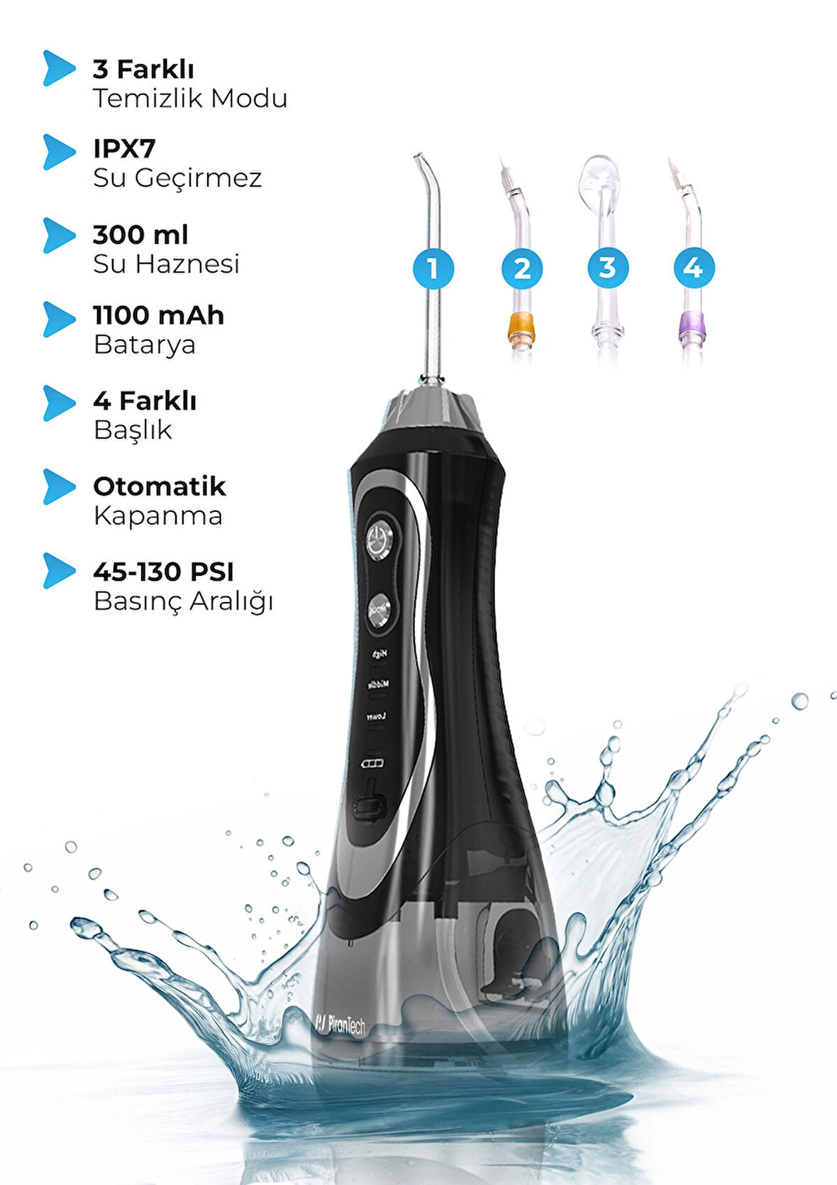 AquaDent Pro Şarjlı Ağız Duşu | 4 Başlıklı Diş Arası Temizleme Cihazı