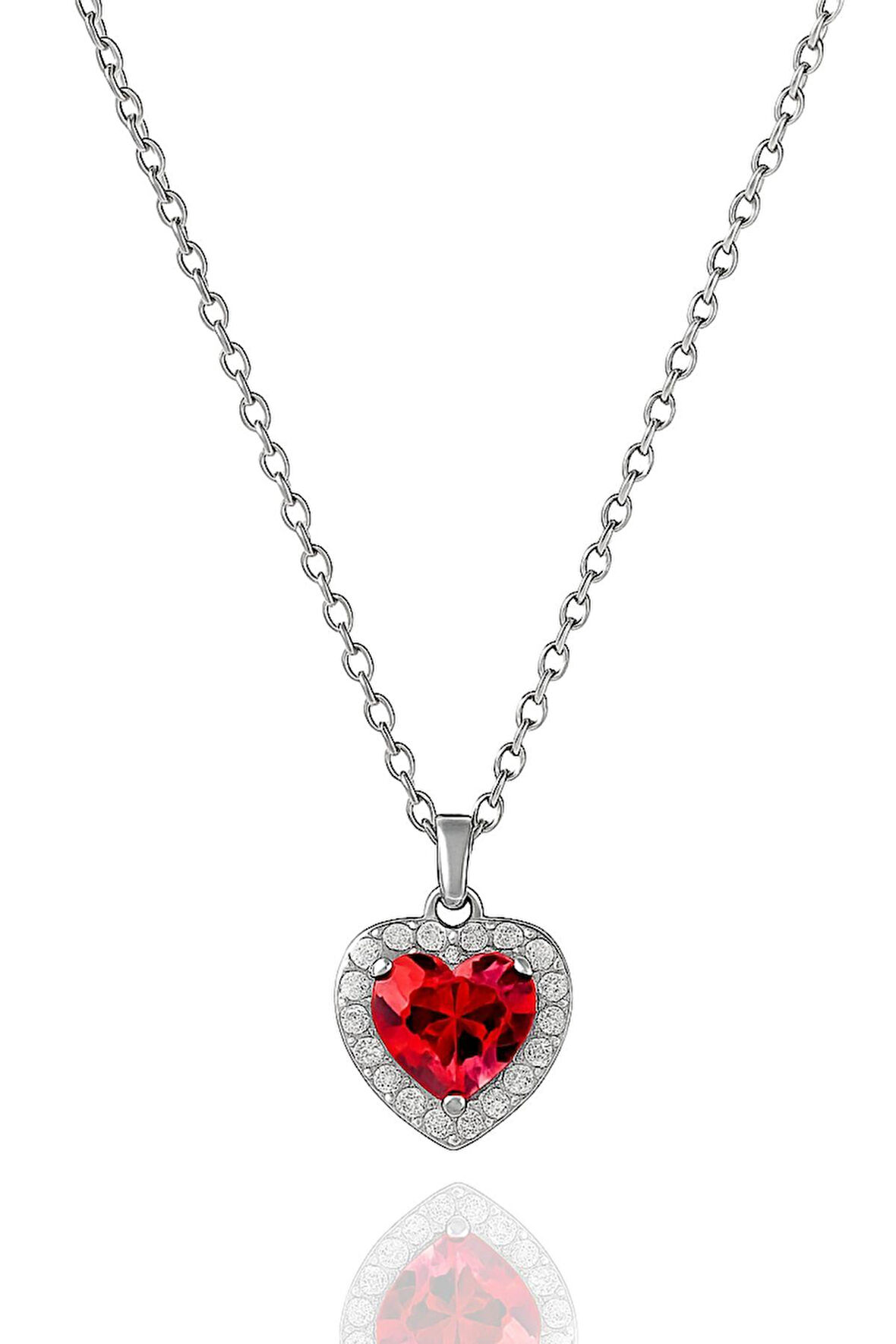 Gümüş Rodyumlu Pırlanta Modeli Pembe Zirkon Taşlı Kalp Kolye