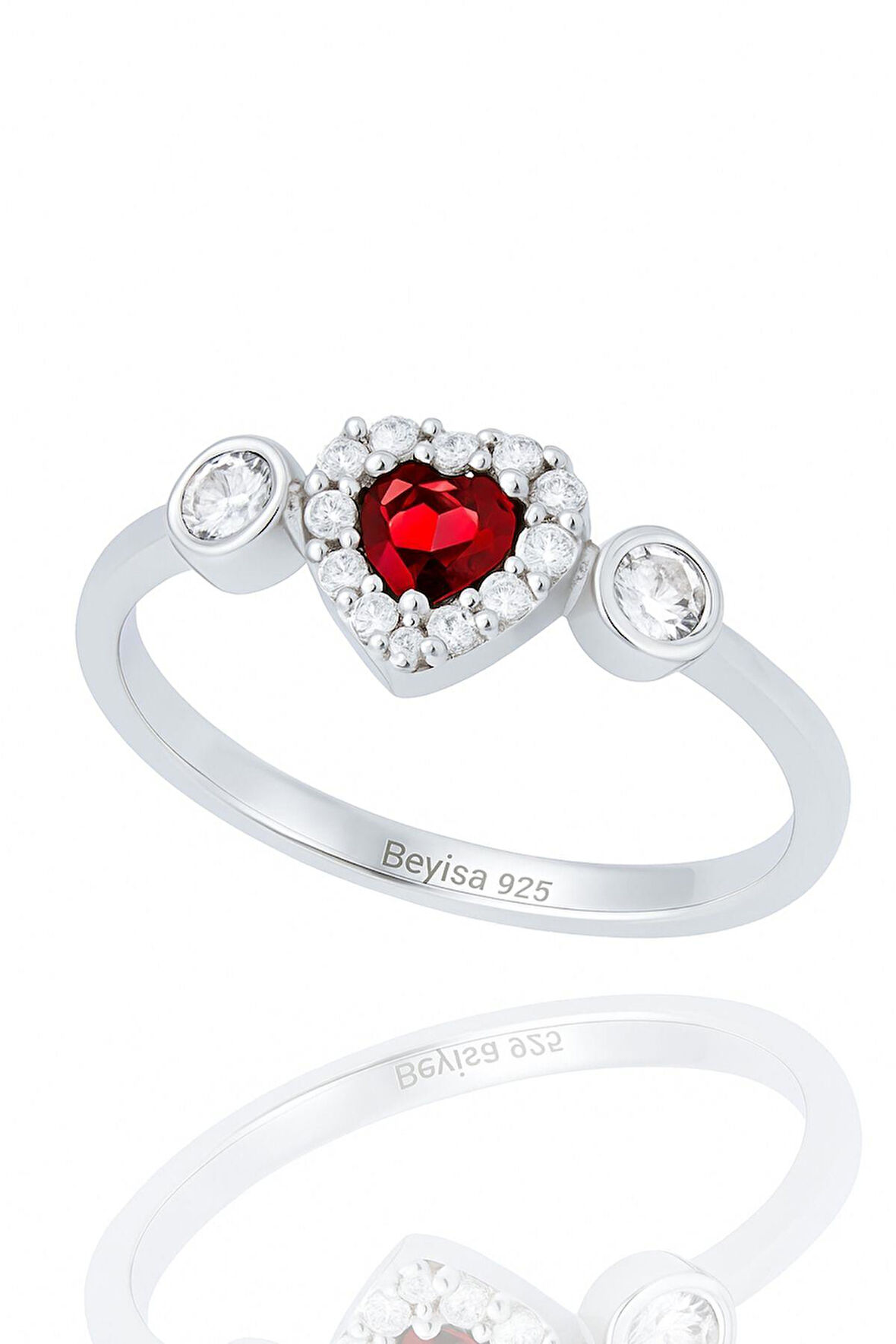 Minera Serisi Kırmızı Lal Zirkon Taşlı Kalp Gümüş Kadın Yüzük
