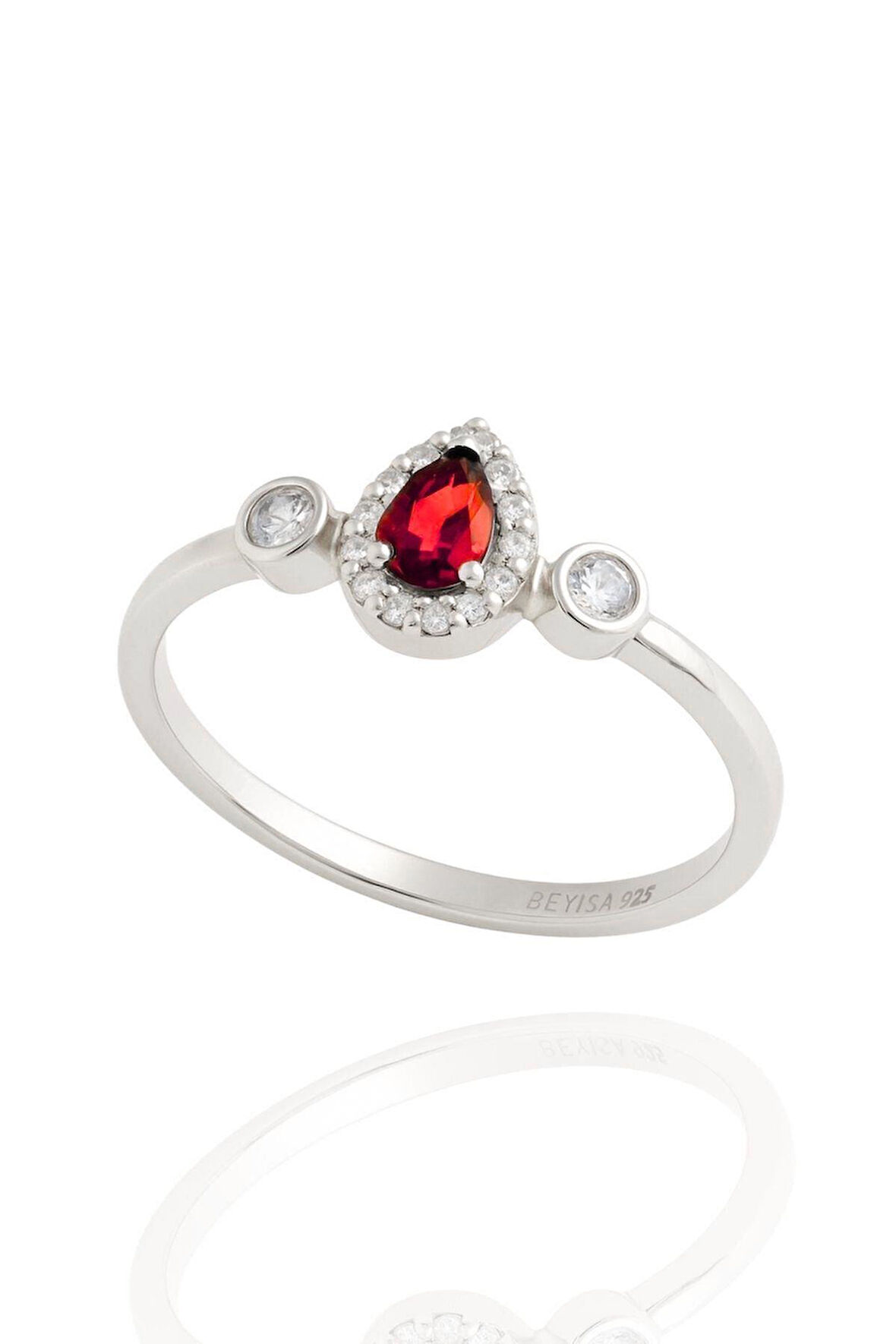 Minera Serisi 925 Ayar Gümüş Kırmızı Lal Zirkon Taşlı Damla Yüzük