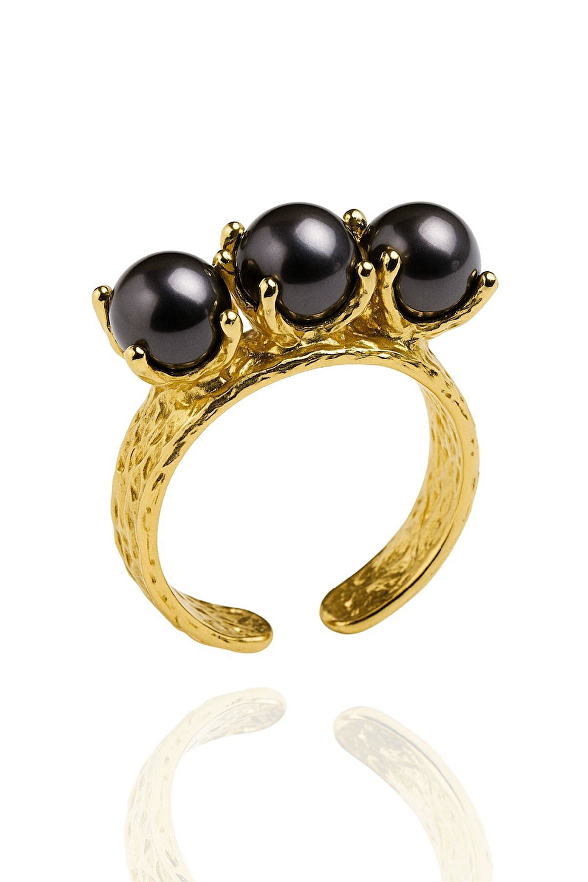 Vintage Tarzı Altın Kaplama Siyah Üç İnci Taşlı Otantik Ayarlanabilir Kadın Yüzüğü