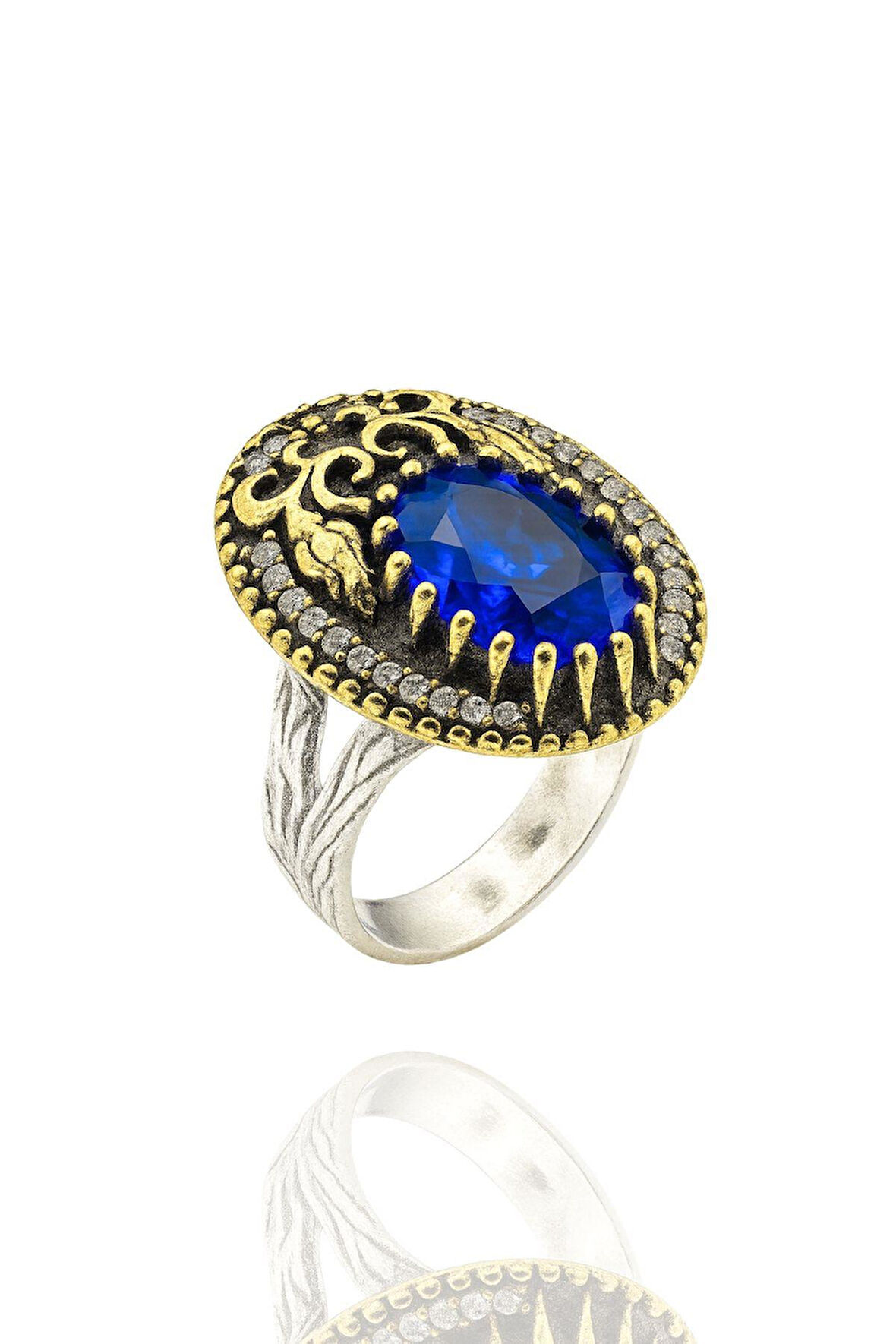 Lale Motifli Oval Zirkon Taşlı Renk Seçenekli Otantik Ayarlanabilir Gümüş Yüzük