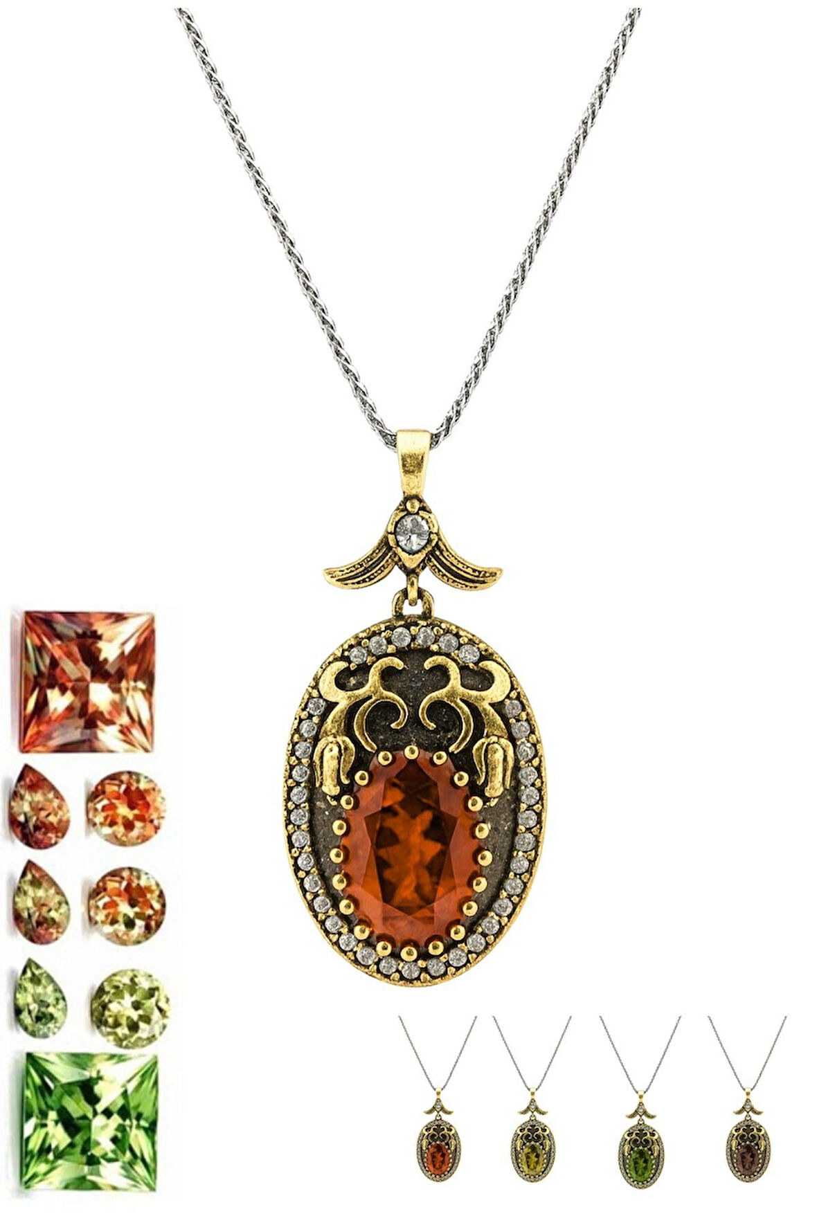 Lale Motifli Oval Zirkon Taşlı Renk Seçenekli Otantik Ayarlanabilir Gümüş Kolye 