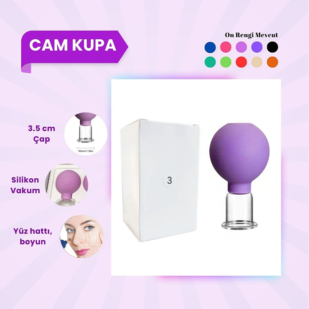 Silikon Vakumlu Cam Yüz Masaj Kupası No:3 Koyu Mor 