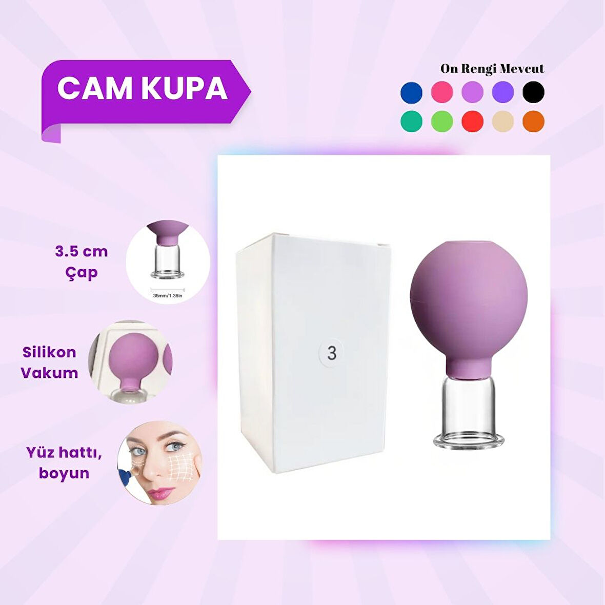 Silikon Vakumlu Cam Yüz Masaj Kupası No:3 Mor 