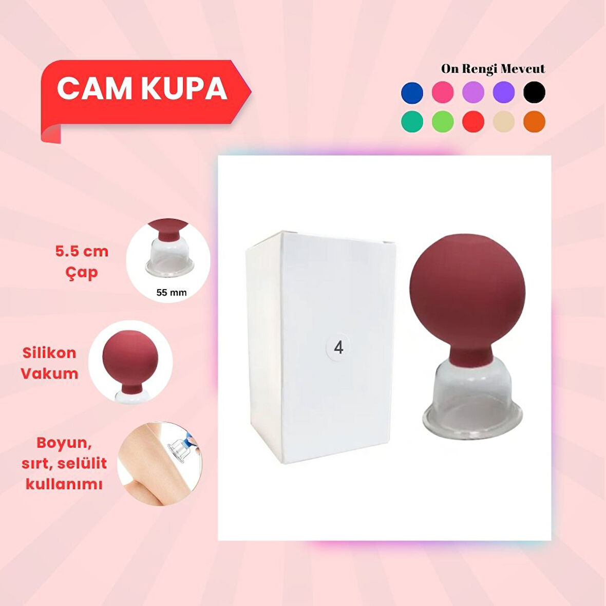Silikon Vakumlu Cam Yüz Masaj Kupası No:4 Kırmızı