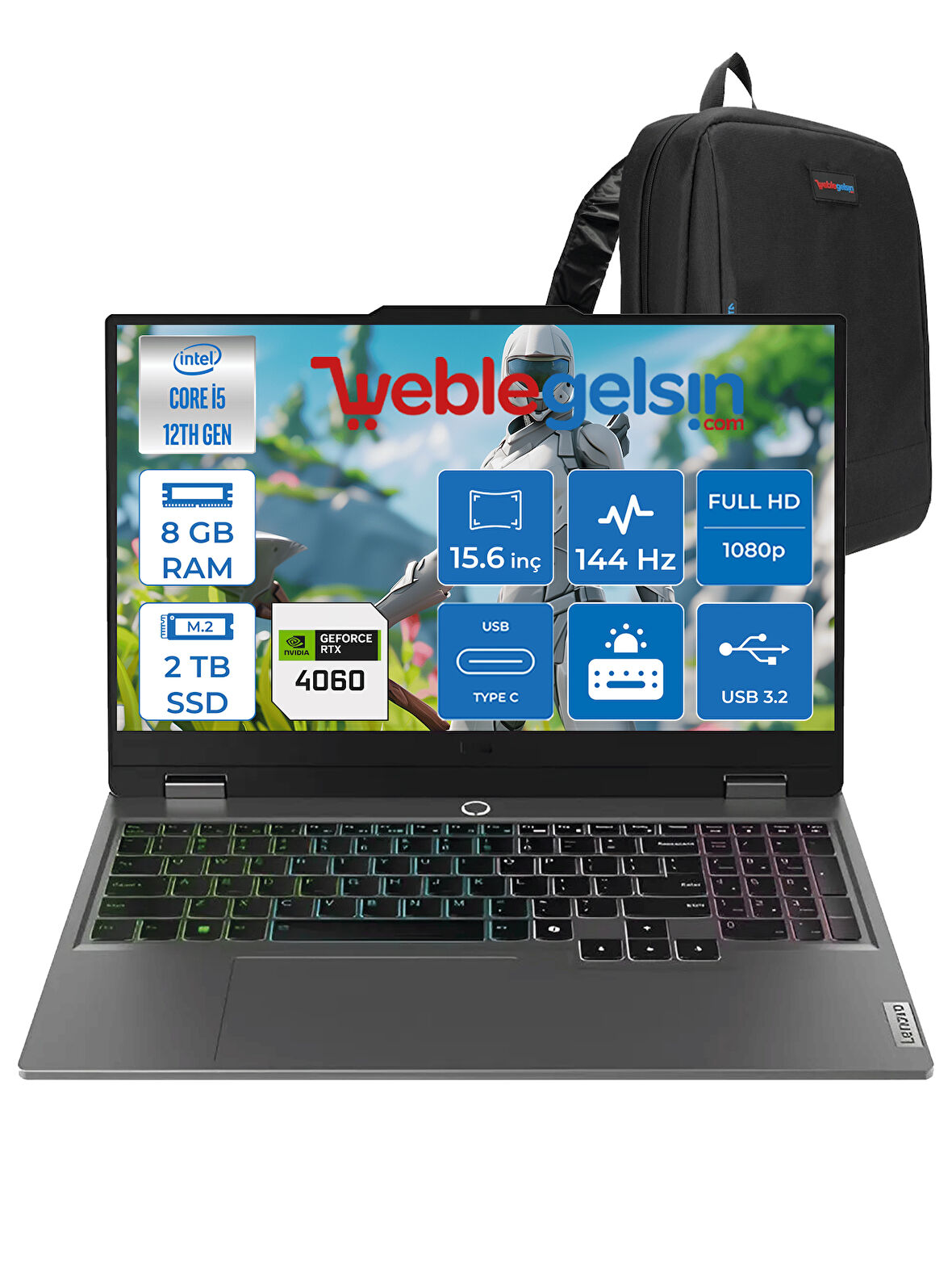 Lenovo loq 15IAX9 Intel I5 12450HX 8gb Ddr5 2tb SSD RTX4060 8gb (105W) 15.6″ Fhd Freedos 15.6" IPS Fhd 144HZ Taşınabilir Bilgisayar 883GS007XTRF02 + Zettaçanta