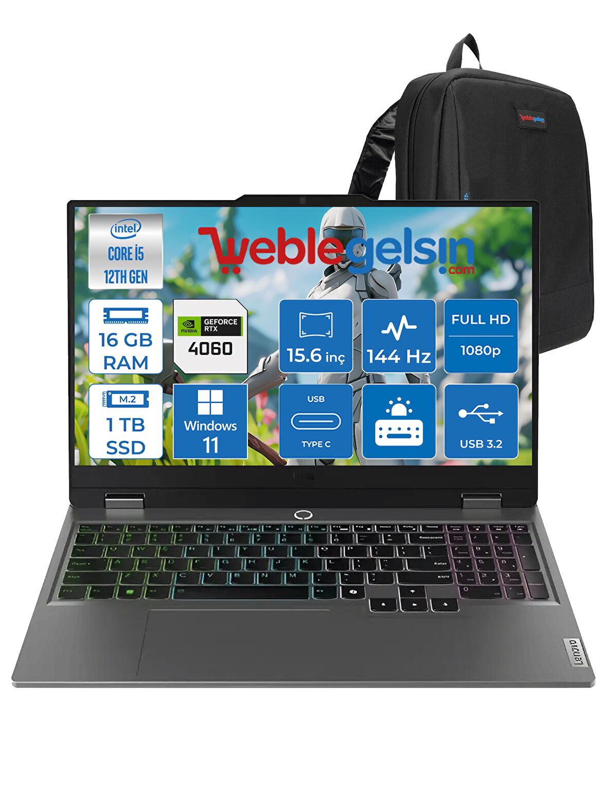 Lenovo loq 15IAX9 Intel I5 12450HX 16GB Ddr5 1tb SSD RTX4060 8gb (105W) 15.6″ Fhd Windows 11 Home 15.6" IPS Fhd 144HZ Taşınabilir Bilgisayar 883GS007XTRWH04 + Zettaçanta