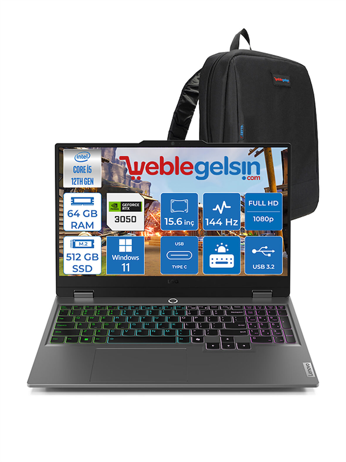 Lenovo Loq 15IAX9 Intel Core I5 12450HX 64GB Ddr5 512GB SSD 6gb RTX3050 (95W) 15.6" IPS 144Hz Fhd Windows 11 Home Taşınabilir Bilgisayar 883GS001TTRWH08 + Zetta Çanta