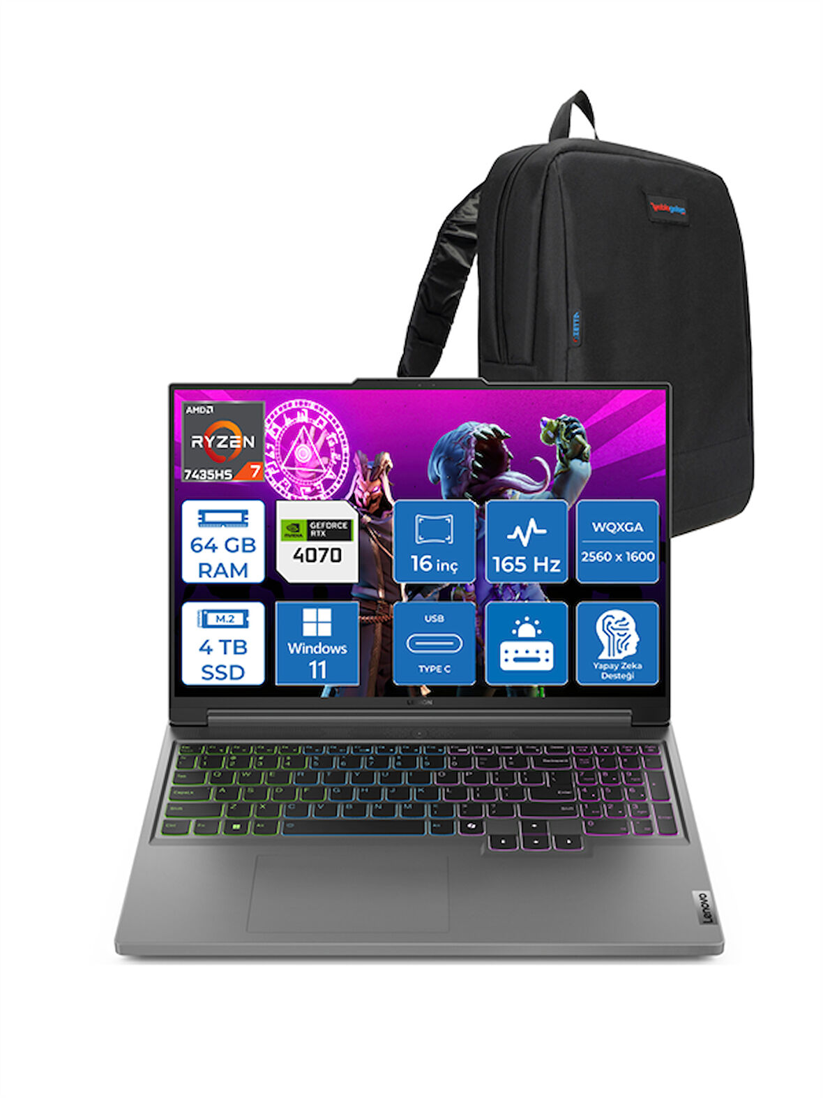 Lenovo Legion Slim 5 Amd Ryzen 7 7435HS 64GB Ddr5 4tb SSD 8gb Geforce Rtx™ 4070 (140W) 16" Wqxga 165Hz Windows 11 Pro Taşınabilir Bilgisayar 883EX001DTRWP11 + Zetta Çanta