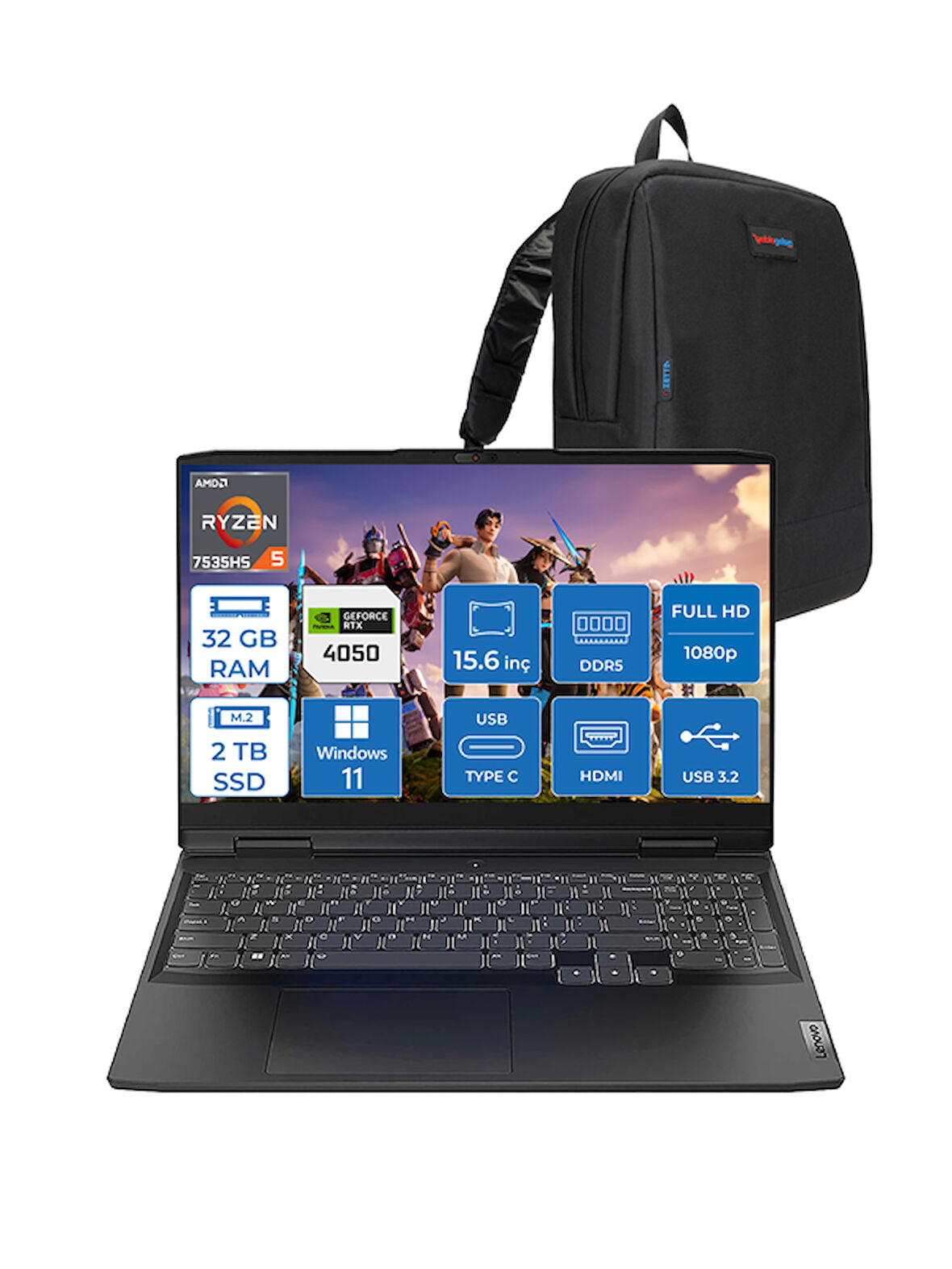 Lenovo Ideapad Gaming 3 15ARH7 Ryzen 5 7535HS 32GB Ddr5 2tb SSD 6GB/RTX4050 (85W) Windows 11 Home IPS 120Hz 15.6" Fhd Taşınabilir Bilgisayar 882SB00PDTXWH06 + Zettaçanta