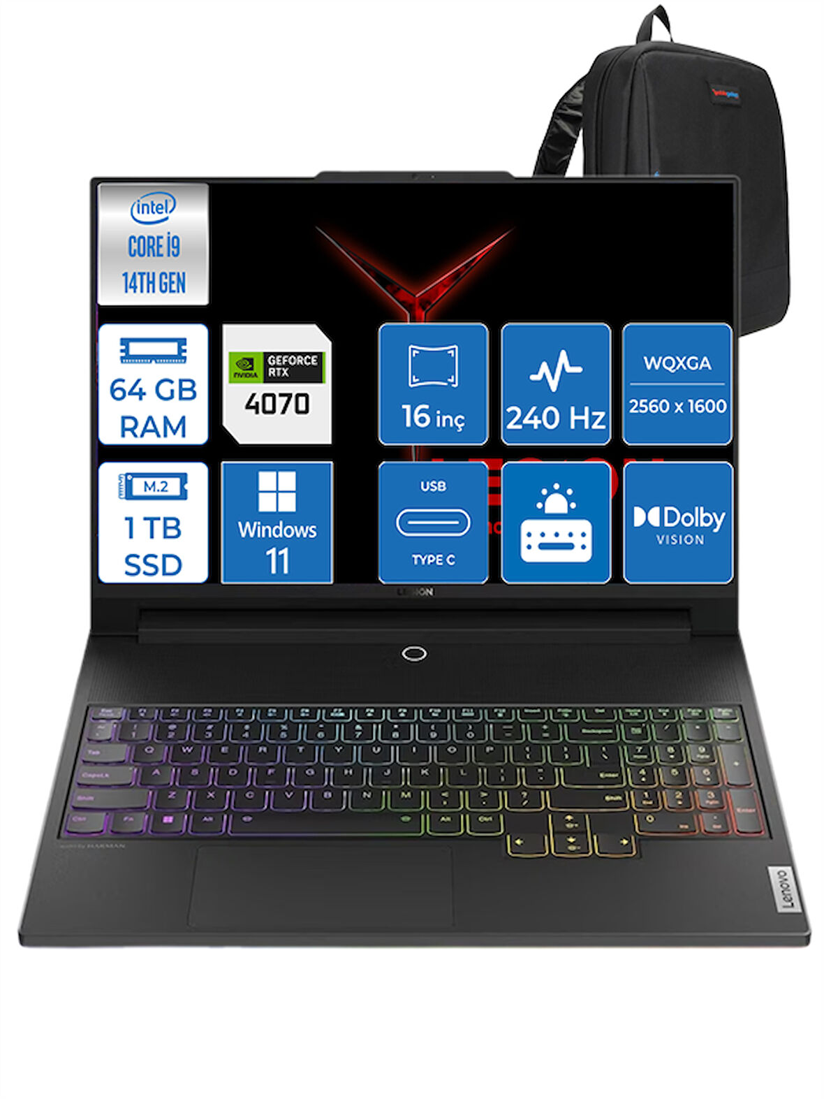 Lenovo Legion Pro 5 Intel Core I9-14900HX 64GB Ddr5 1tb SSD 8gb/rtx 4070 (140W) 16" 3.2k Windows 11 Pro 883DF00ALTR06 + Zettaçanta