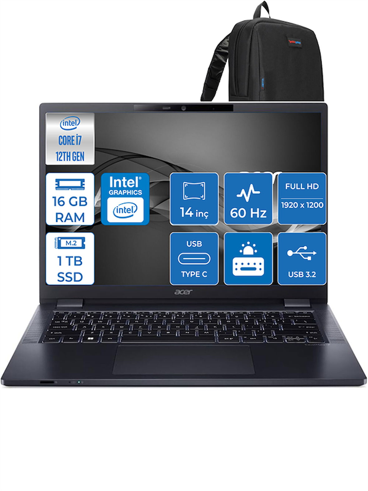 Acer Travelmate P4 Intel Core I7-1260P 16GB 1tb SSD Intel UHD Graphics Fhd 14" Freedos Taşınabilir Bilgisayar MP414F02 + Zettaçanta