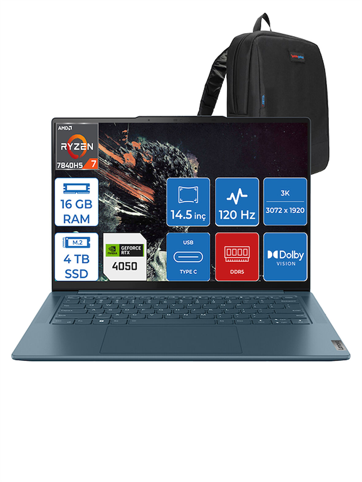 Lenovo Yoga Pro 7 14APH8 Ryzen 7 7840HS 16GB LPDDR5X 512GB SSD 6GB/RTX4050 14.5" 3k IPS 400NITS 120Hz Dolby Vision WIN11PRO Taşınabilir Bilgisayar L82Y8000BTXWP01 + Zettaçanta