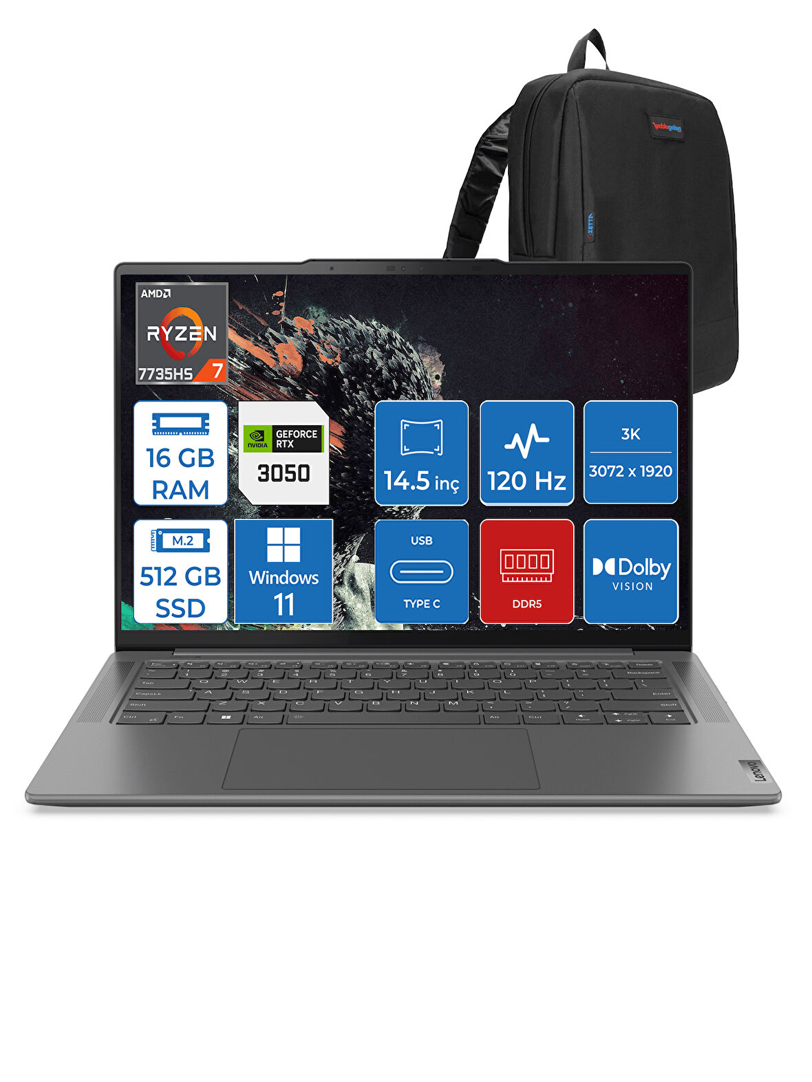 Lenovo Yoga Pro 7 14ARP8 Ryzen 7 7735HS 16GB LPDDR5X 512GB SSD 6GB/RTX3050 14.5" 3k IPS 400NITS Dolby Vision WIN11HOME Taşınabilir Bilgisayar L83AU003YTXWH01 + Zettaçanta