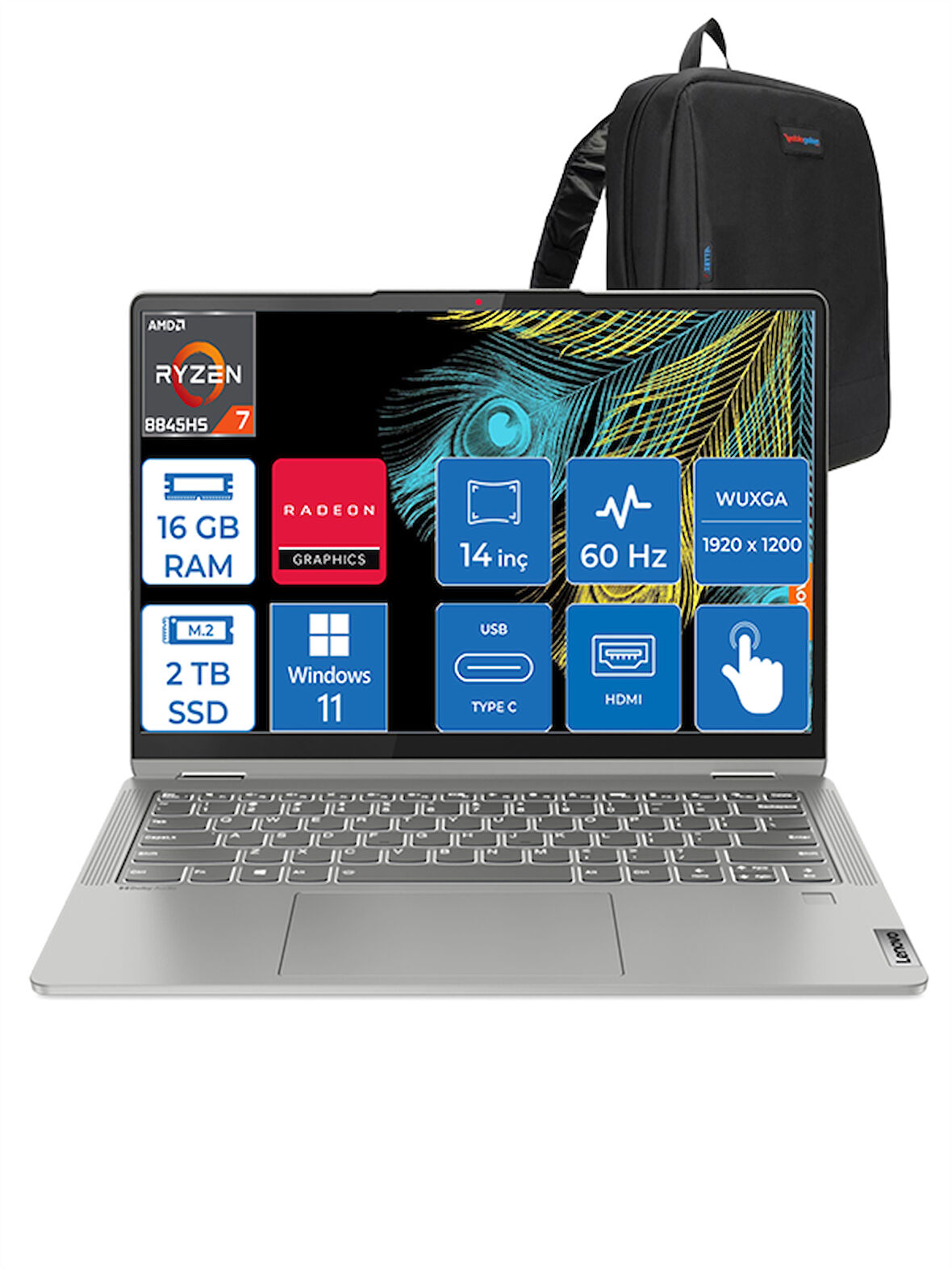 Lenovo Ideapad Flex 5 Amd Ryzen 7 5700U 16GB 2tb SSD 14" Wuxga Windows 11 Pro Dokunmatik Bilgisayar IF82R900GNTX03 + Zettaçanta