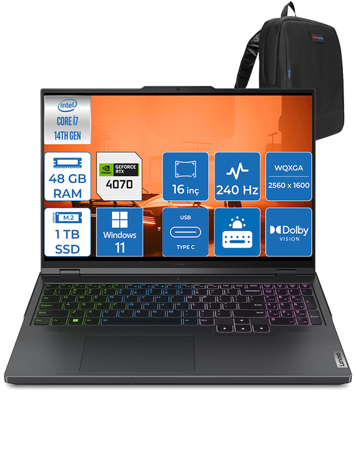Lenovo Legion Pro Intel Core I7-14700HX 48GB 1tb 8GB/RTX4070/140W 16" Wqxga 240Hz WIN11PRO Taşınabilir Bilgisayar LP83DF00AMTR03 + Zettaçanta