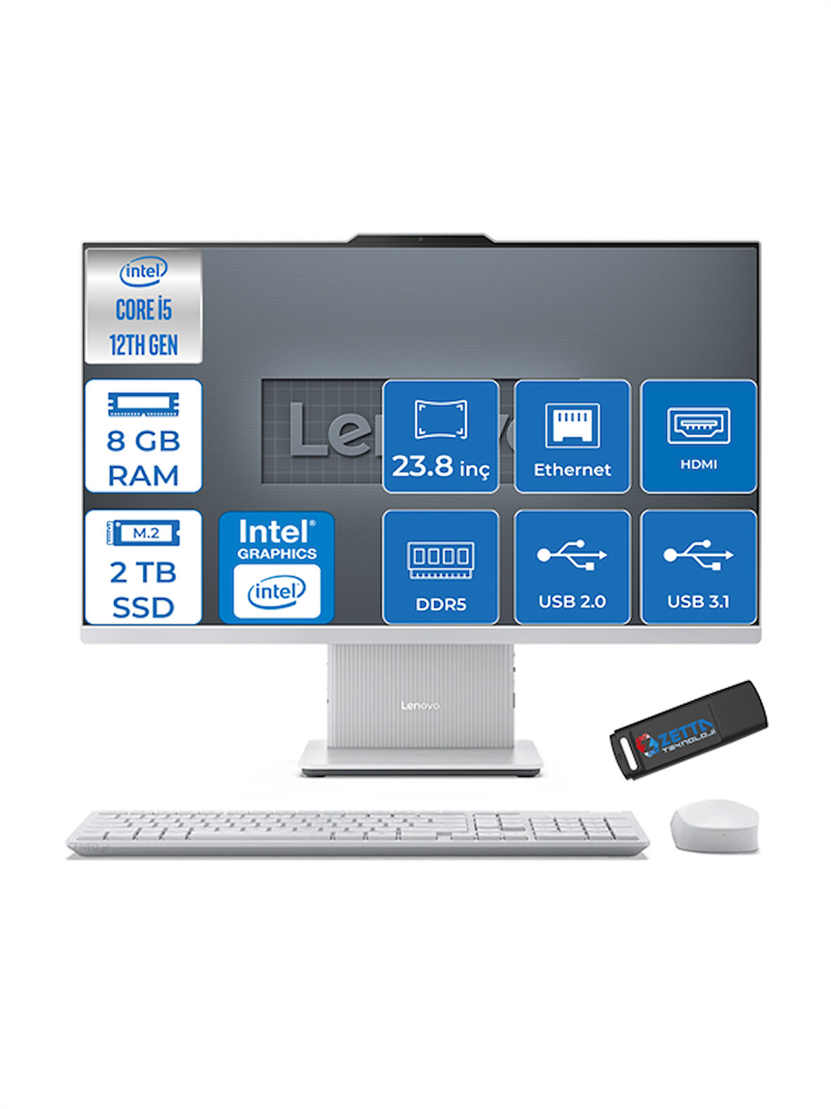 Lenovo Ideacentre Aıo 24IRH9 Intel Core I3-1315U 8gb Ddr5 2tb SSD 23.8" Freedos All In One Bilgisayar F0HN0052TRF02 + Zetta USB Bellek