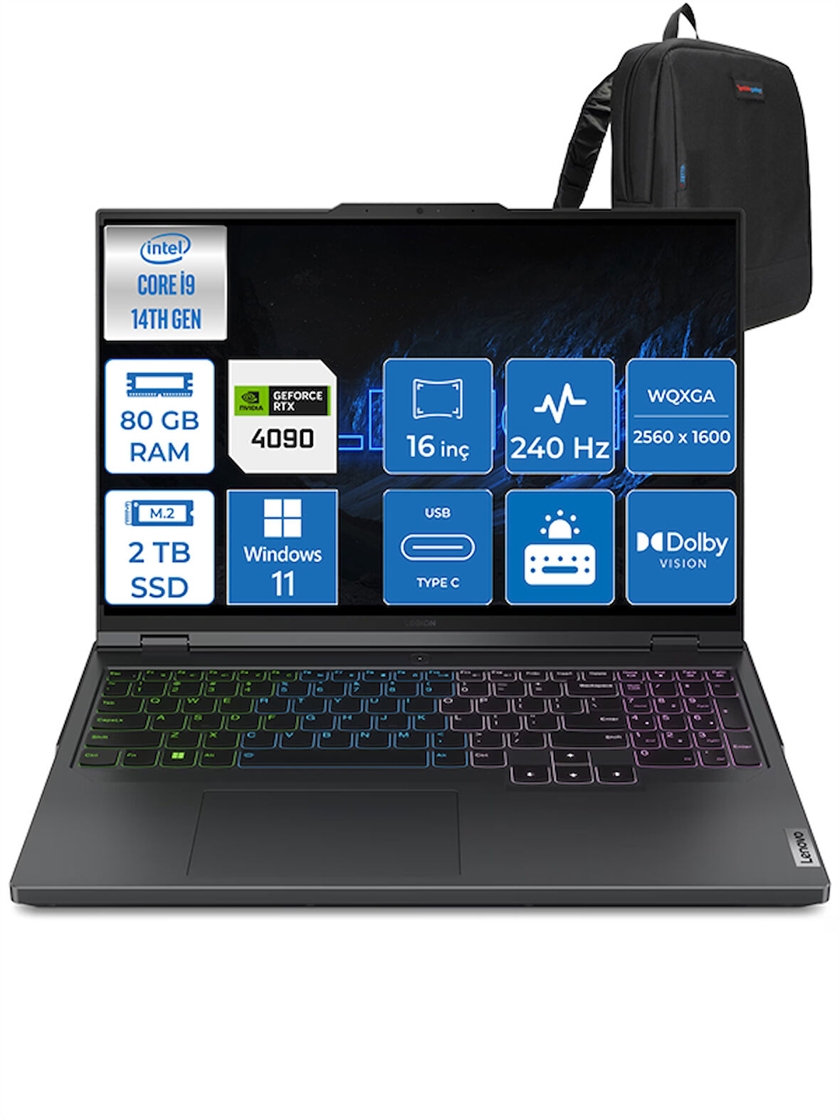 Lenovo Legion Pro 7 I9-14900HX 80GB 2tb SSD 16GB/RTX4090/175W 16" 240Hz 500NITS Hdr Wqxga WIN11PRO Taşınabilir Bilgisayar L83DE002XTRWP18 + Zettaçanta