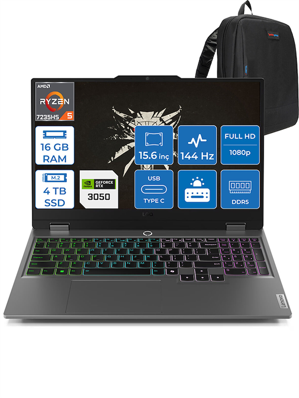 Lenovo Loq 15ARP9 Ryzen 5 7235HS 24GB Dd5 512GB SSD 6GB/RTX3050/95W 15.6" Fhd IPS 144Hz Windows 11 Pro Dizüstü Bilgisayar 883JC000QTRP04 + Zettaçanta