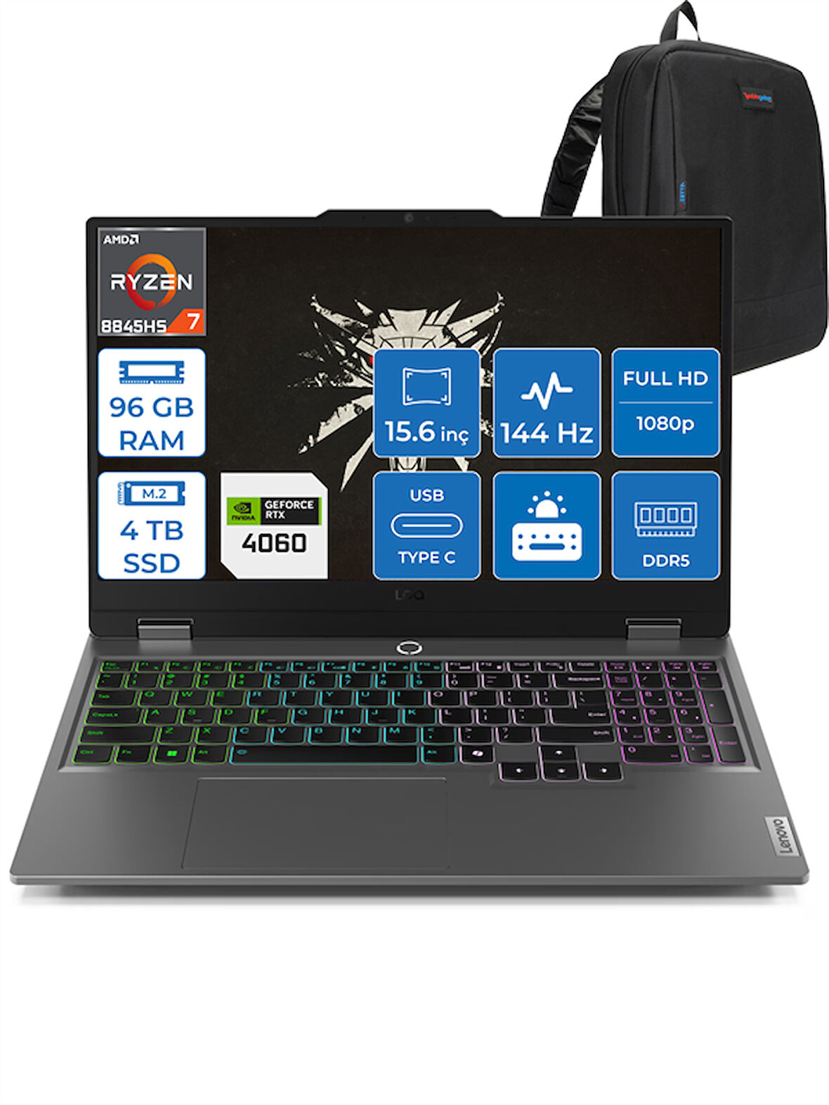 Lenovo Loq Amd Ryzen 7 8845HS 96GB Ddr5 4tb SSD 8GB/RTX4060/115W Freedos 15.6" Fhd IPS 144Hz Yapay Zeka Destekli Taşınabilir Bilgisayar L83DX0094TRF23 + Zettaçanta