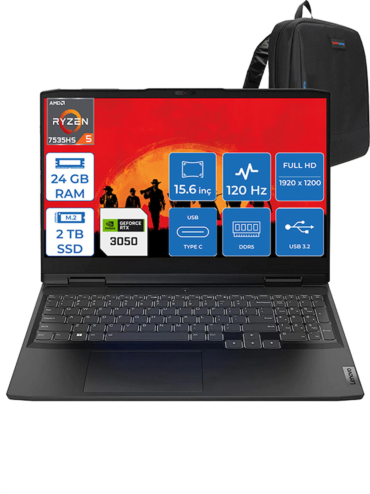 Lenovo Ideapad Gaming 3 15ARH7 Ryzen 5 7535HS 24GB Ddr5 2tb SSD 6GB/RTX3050/85W 15.6" Fhd IPS 120Hz Freedos Taşınabilir Bilgisayar 882SB00RHTXF06 + Zettaçanta