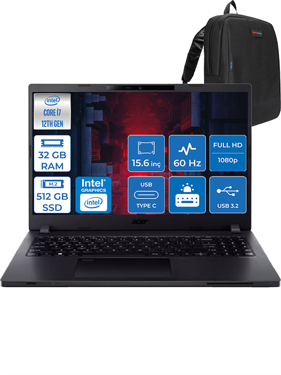 Acer Travelmate P2 TMP215 Intel Core I7-1255U 32GB 512GB SSD Iris Xe Graphics 15.6" Fhd Windows 11 Pro Taşınılabilir Bilgisayar 5477EJP06