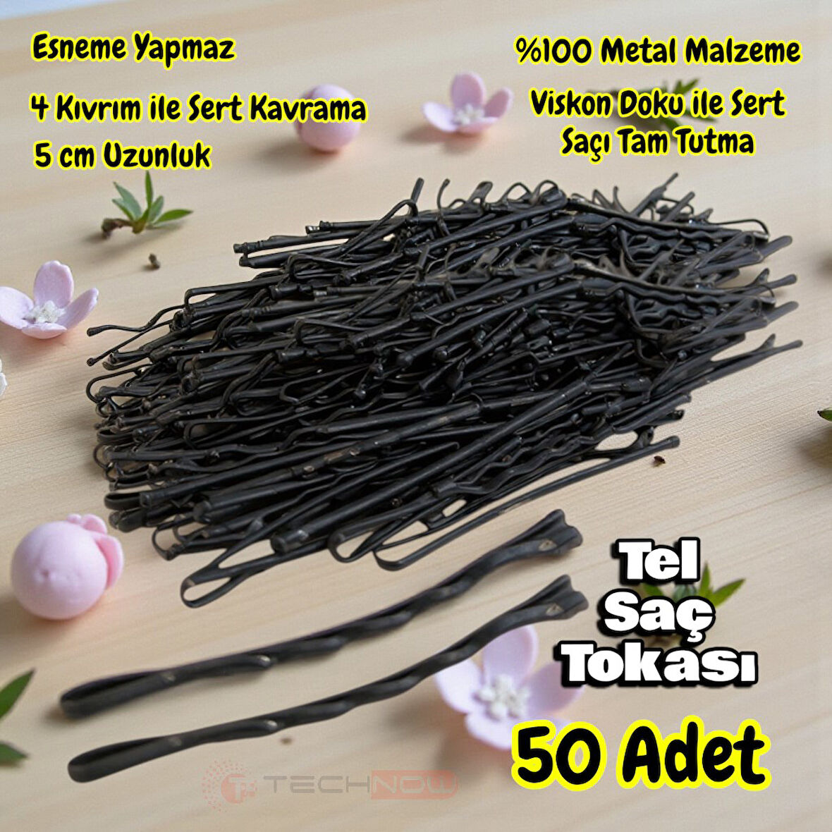 Technow Siyah %100 Metal Esnemez Dayanıklı Kadın Saç Tel Tokası 50 Adet 