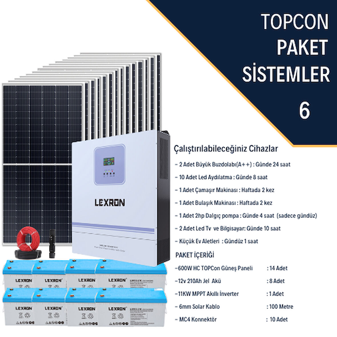 Güneş Enerjisi Bağevi Hazır Solar Paket - 11Kw Mppt Akıllı İnverter + 14X 600W Güneş Paneli+ 8X 12V 210Ah Jel Akü