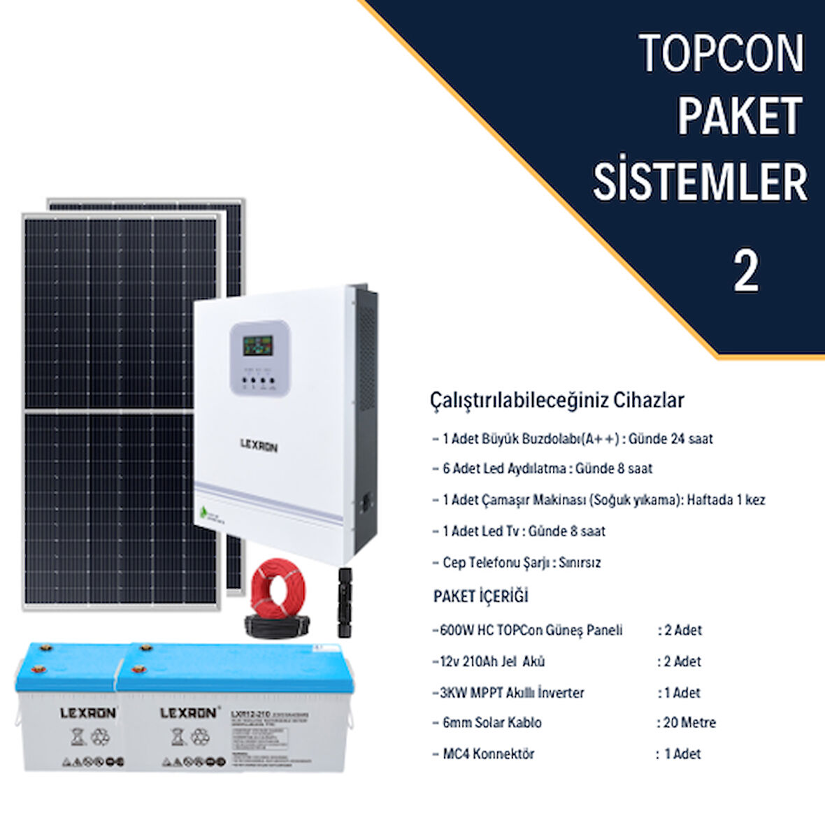Güneş Enerjisi Bağevi Hazır Solar Paket - 3Kw Mppt Akıllı İnverter + 2X 600W Güneş Paneli+ 2X 12V 210Ah Jel Akü